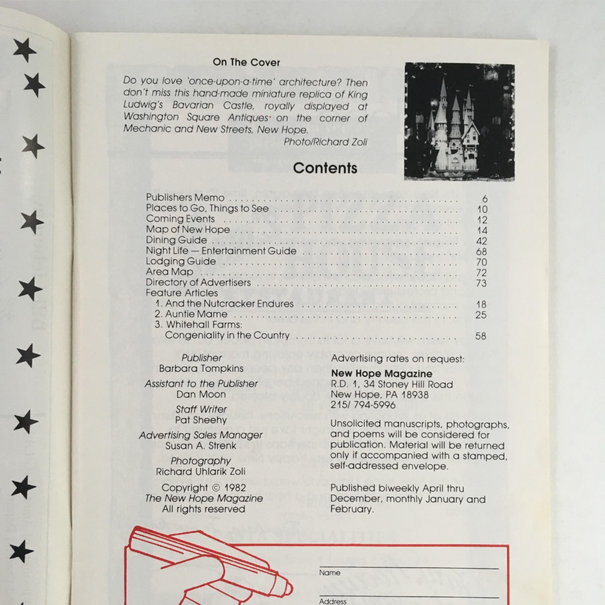 Contents page of The New Hope Magazine December 17, 1982 Volume II Number 22 showing articles, features, and the table of contents related to the Bavarian Castle theme.