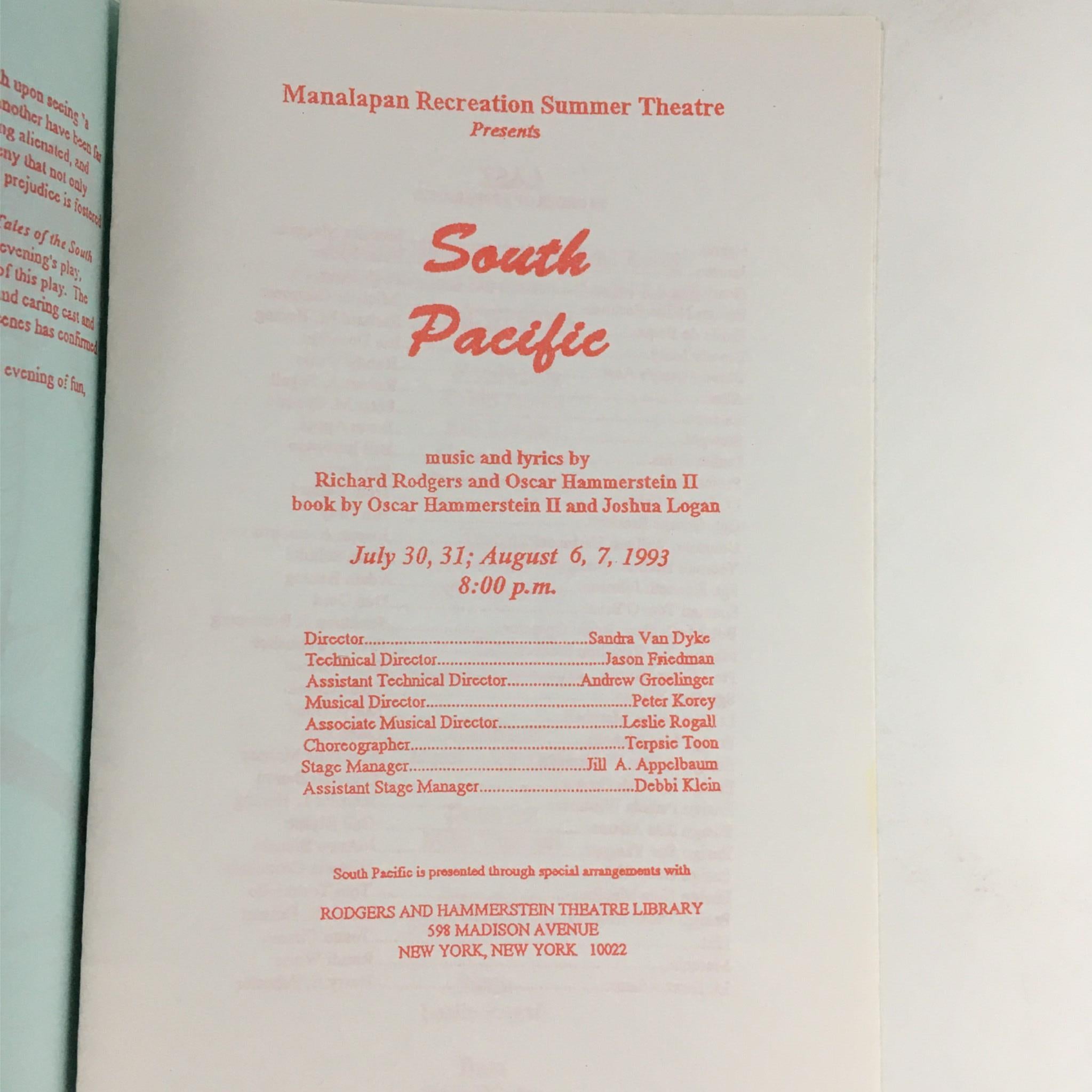 1993 South Pacific by Richard Rodgers, Oscar Hammerstein II, Manlapan Recreation