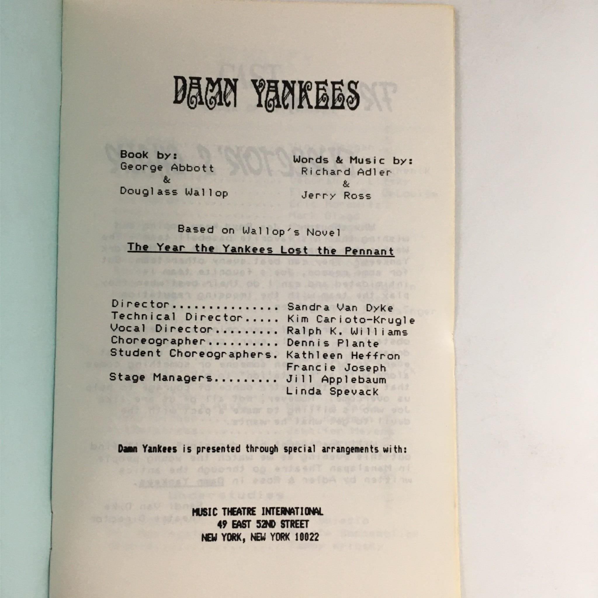 1987 Damn Yankees by George Abbot, Douglass Wallop, Manlapan High School Theatre