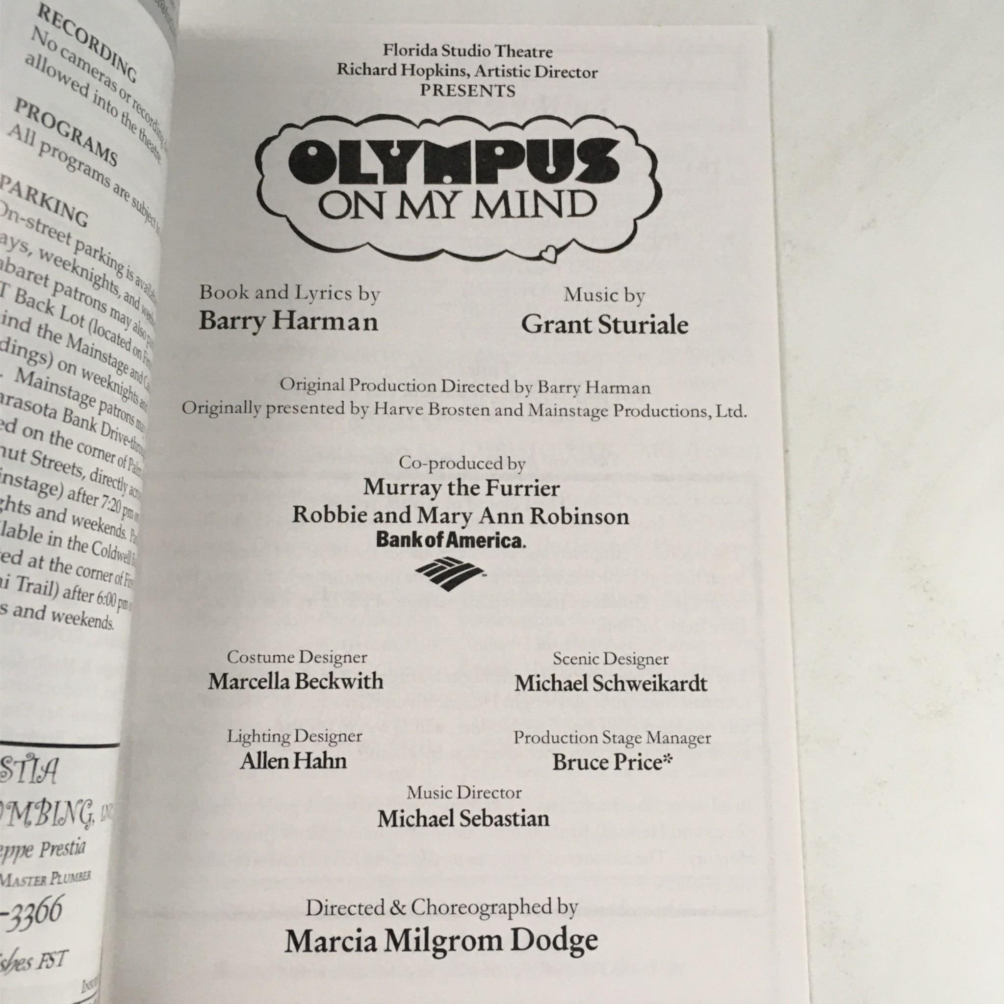 Inside page of the Florida Studio Theatre program for '2003 Olympus On My Mind' detailing the production credits including Barry Harman, Grant Sturiale, and Marcia Milgrom Dodge.
