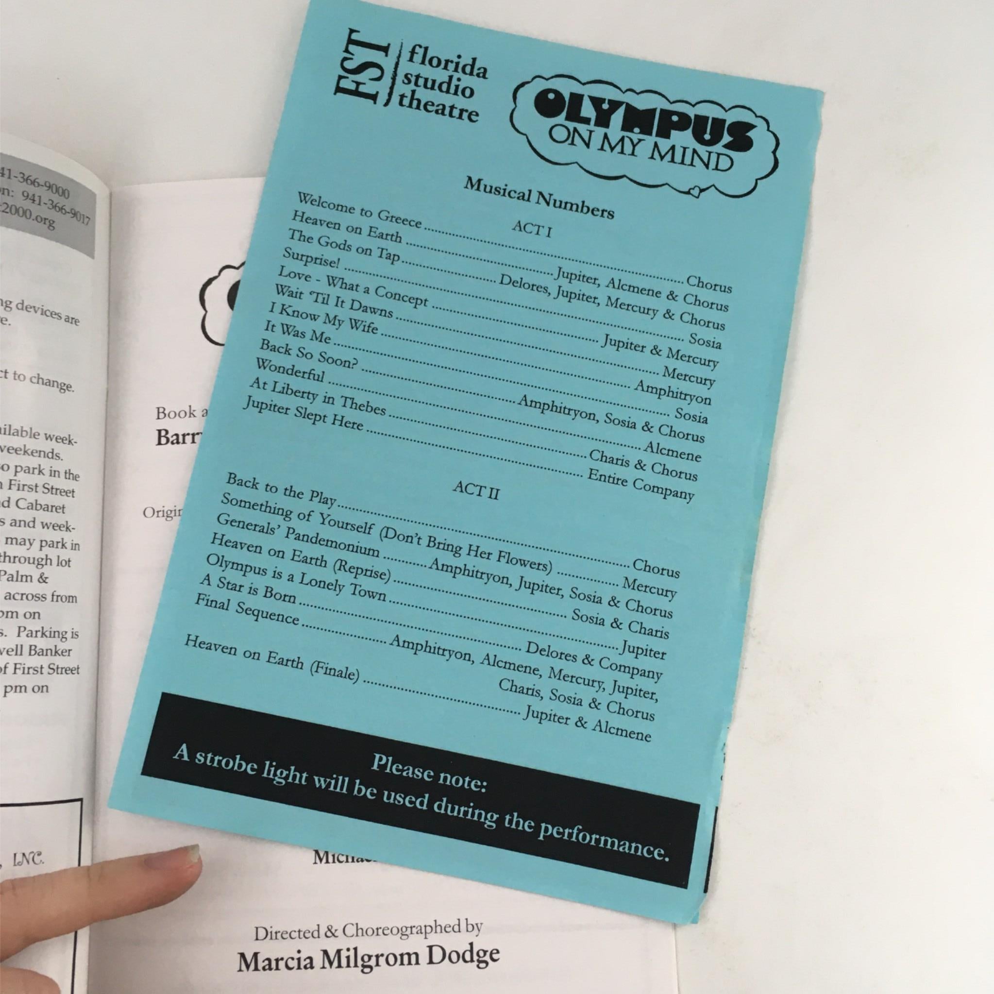 Second inside page of the Florida Studio Theatre program for '2003 Olympus On My Mind' showing the musical numbers and acts featured in the performance.
