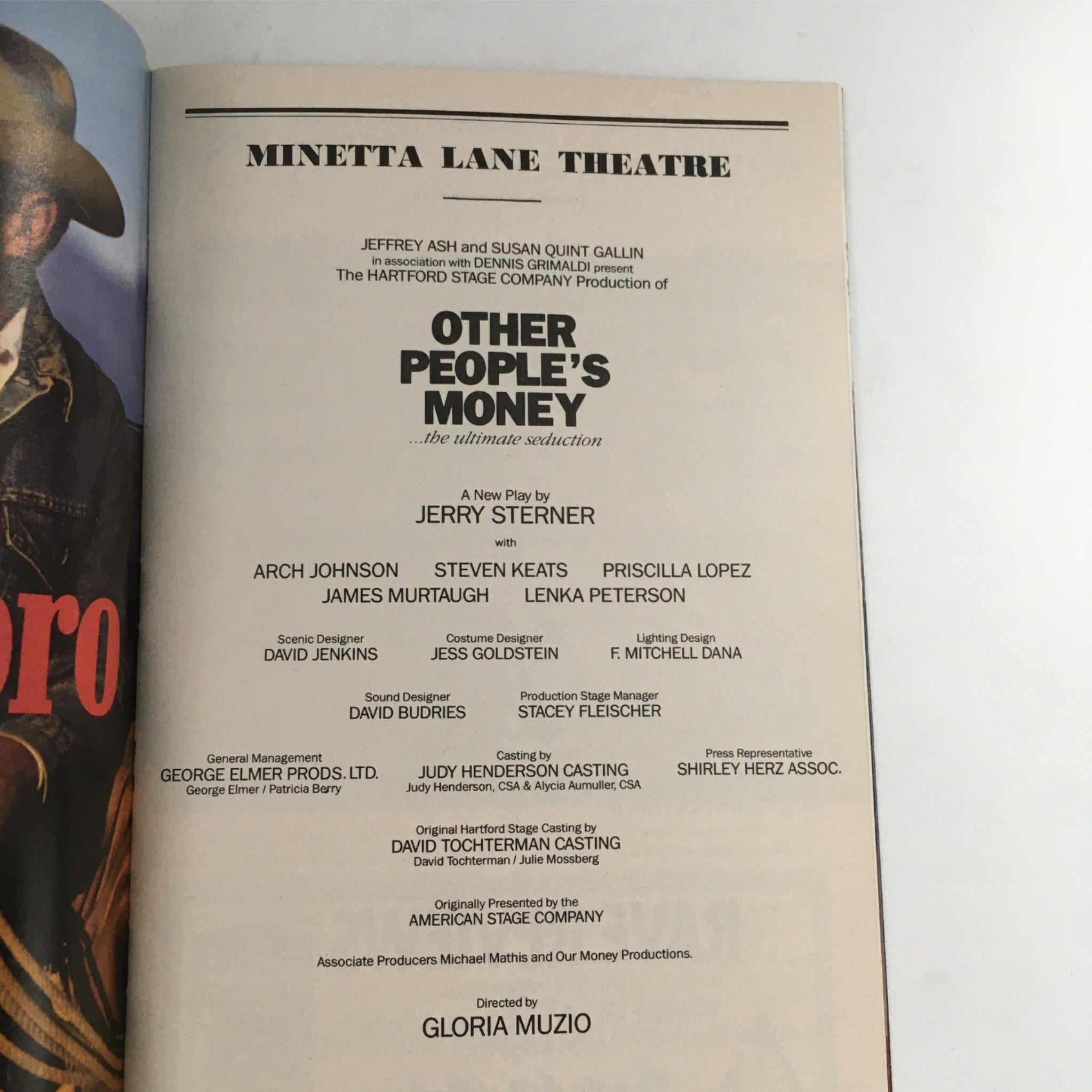 1991 Playbill Other People's Money by Jerry Sterner, Gloria Muzio VG