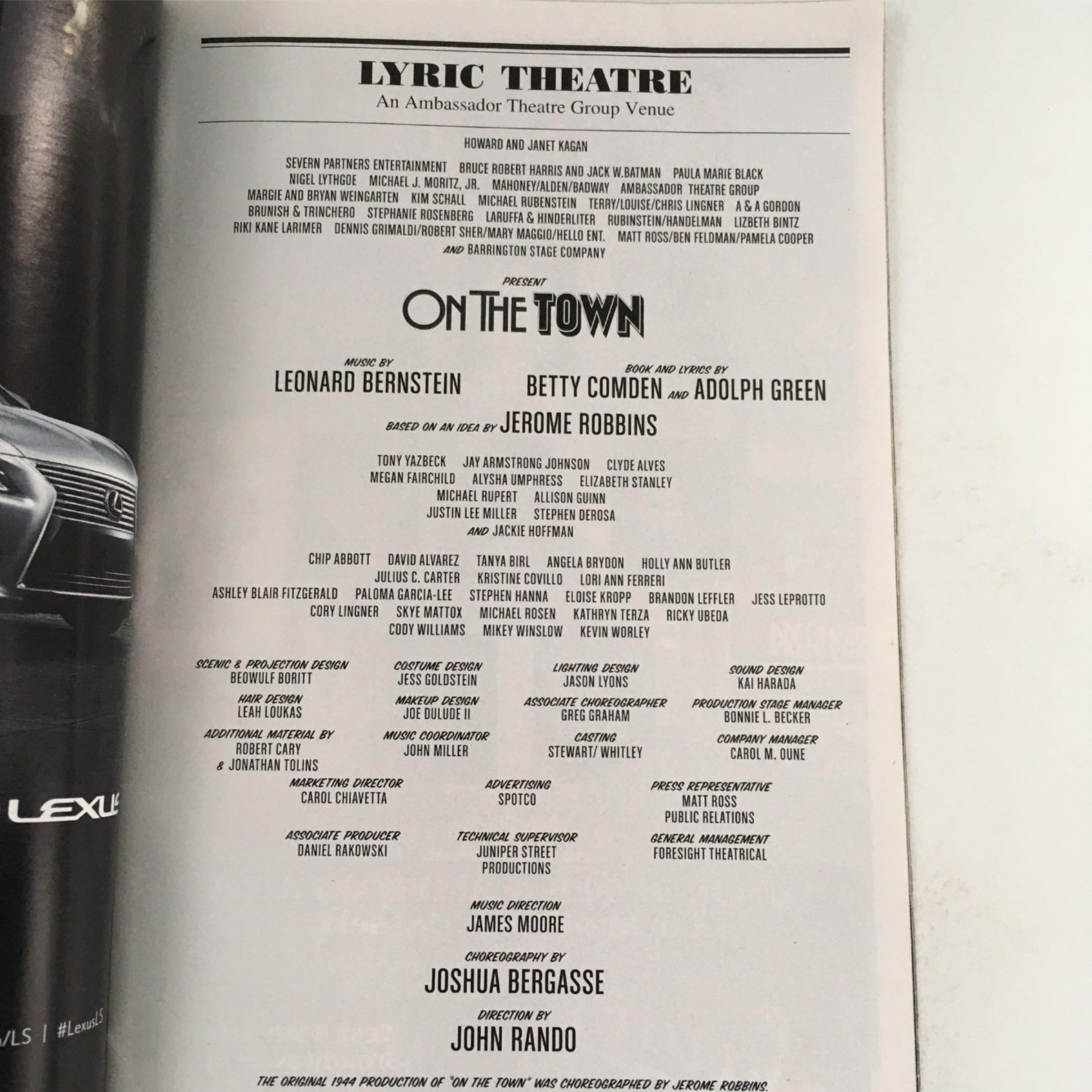 2015 Playbill On The Town by Jerome Robbins, John Rando at Lyric Theatre VG