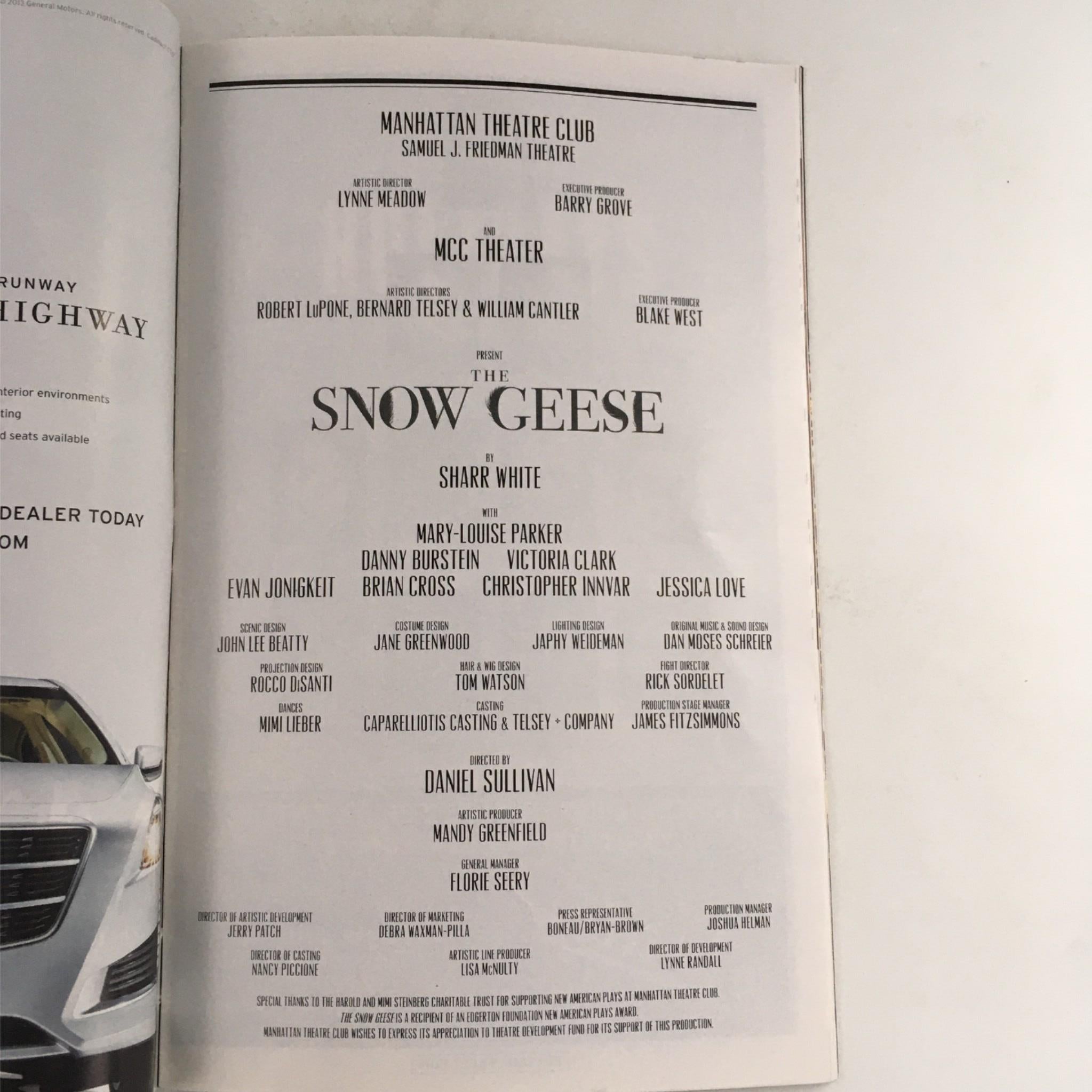 2013 Playbill The Snow Geese by Sharr White, Daniel Sullivan VG