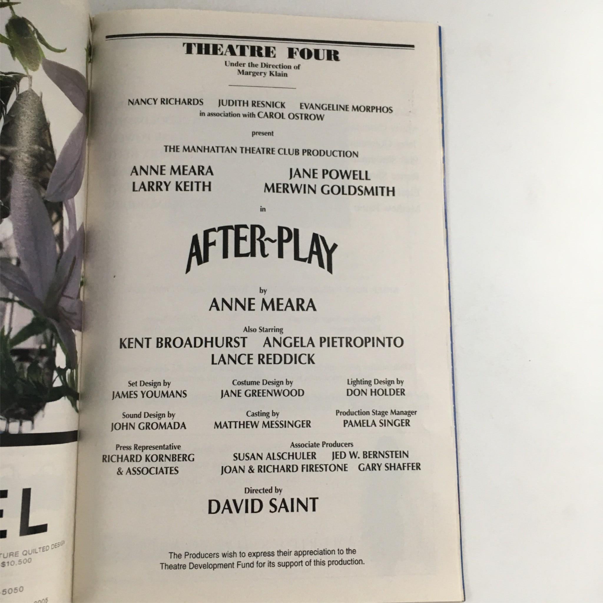 1996 Playbill After-Play Authograped by Anne Meara, David Saint Theatre Four VG