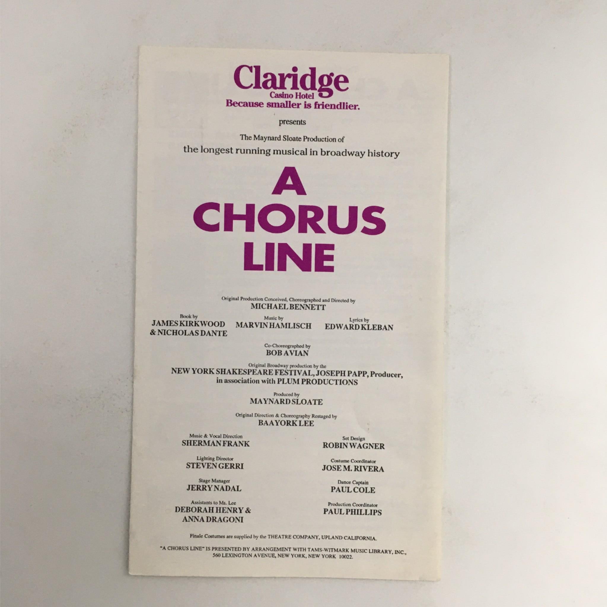 A Chorus Line by Michael Bennett, Baayork Lee at Claridge Casino Hotel VG