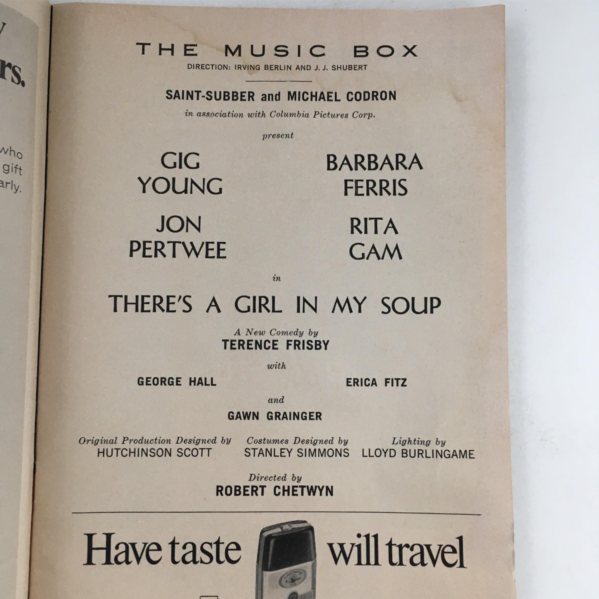 1967 Playbill There's A Girl In My Soup by Terence Frisby at The Music Box