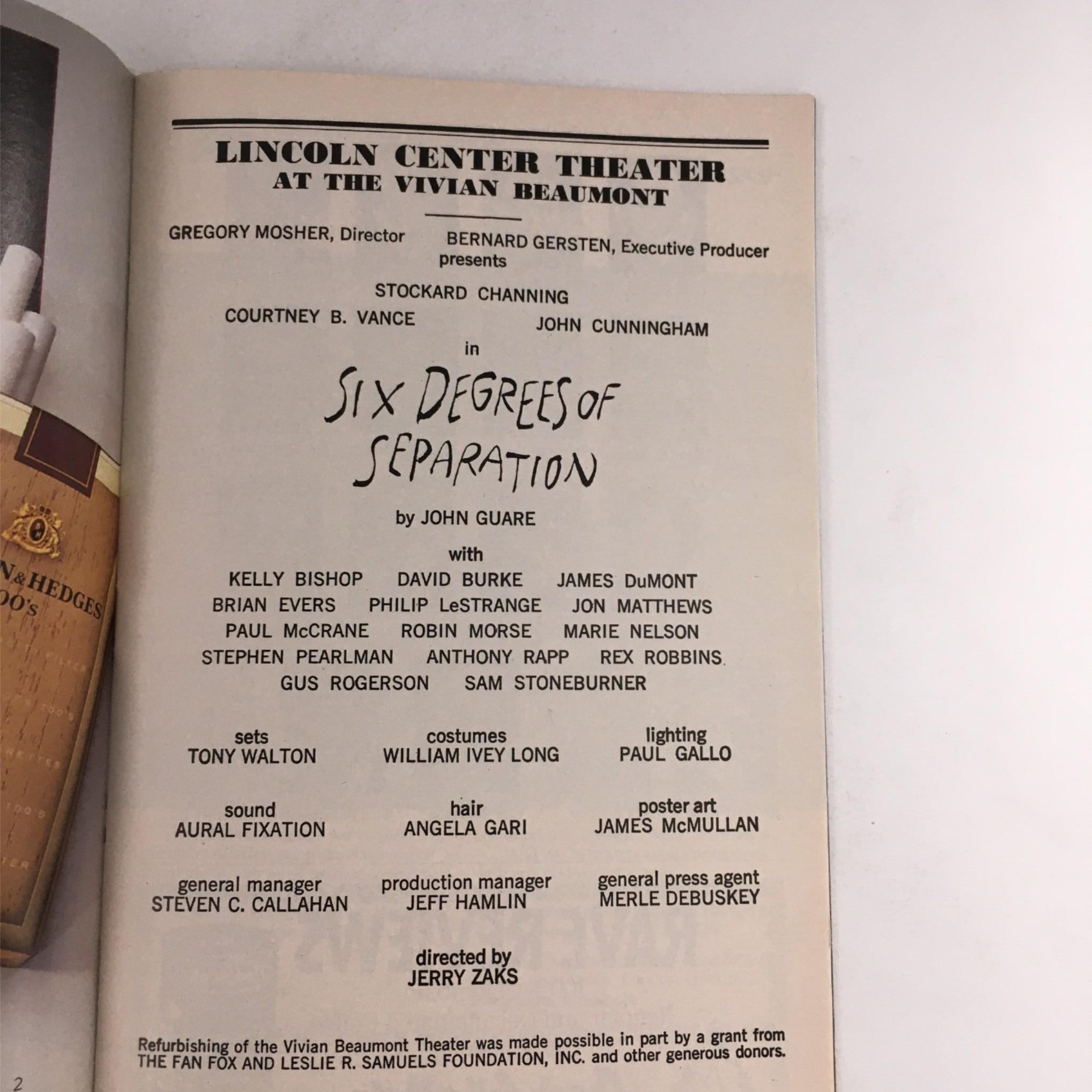 1991 Playbill Six Degrees Of Separation by Jerry Zaks at Lincoln Center Theatre