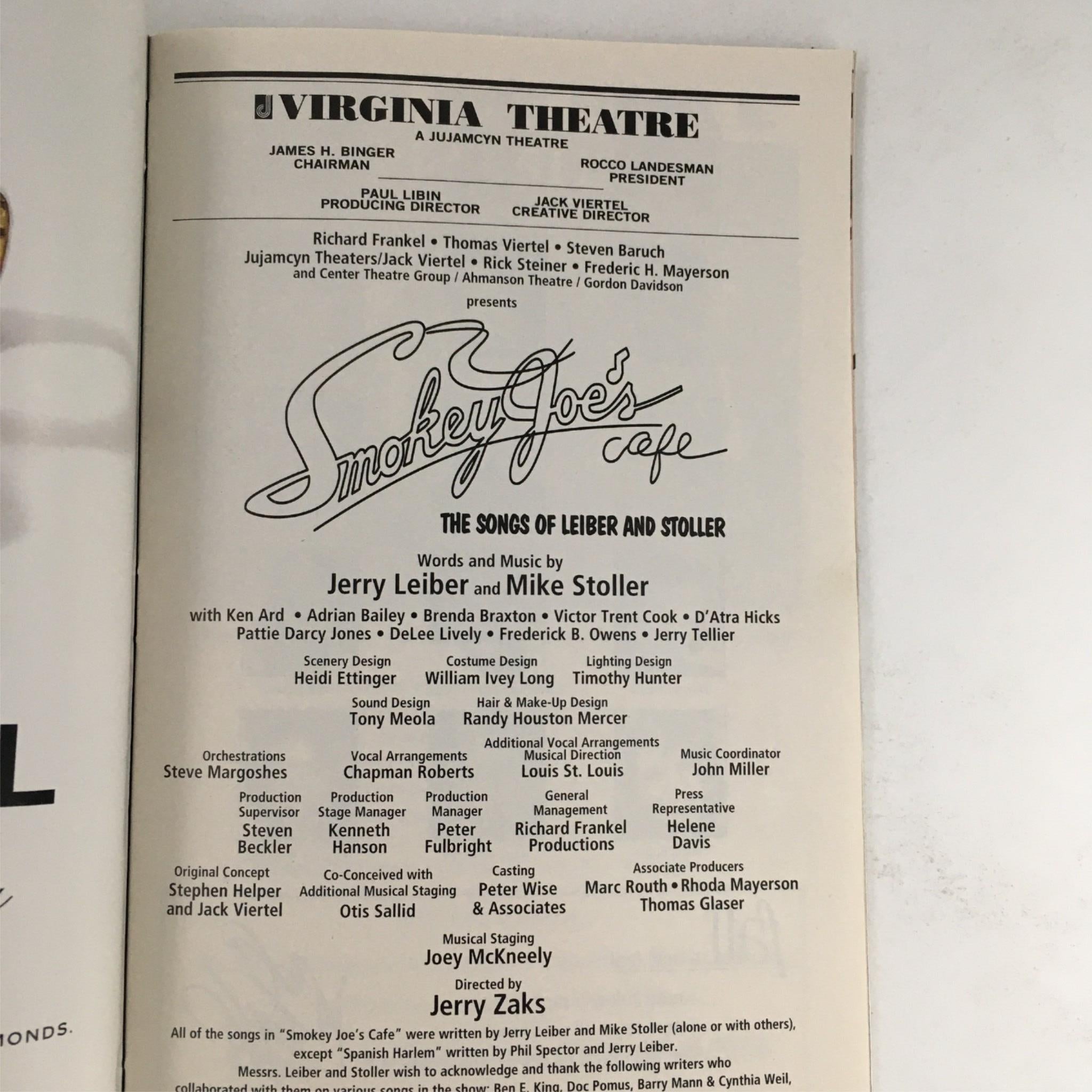 1996 Playbill Smokey Goes Cafe by Jerry Leiber, Mike Stoller at Virginia Theatre