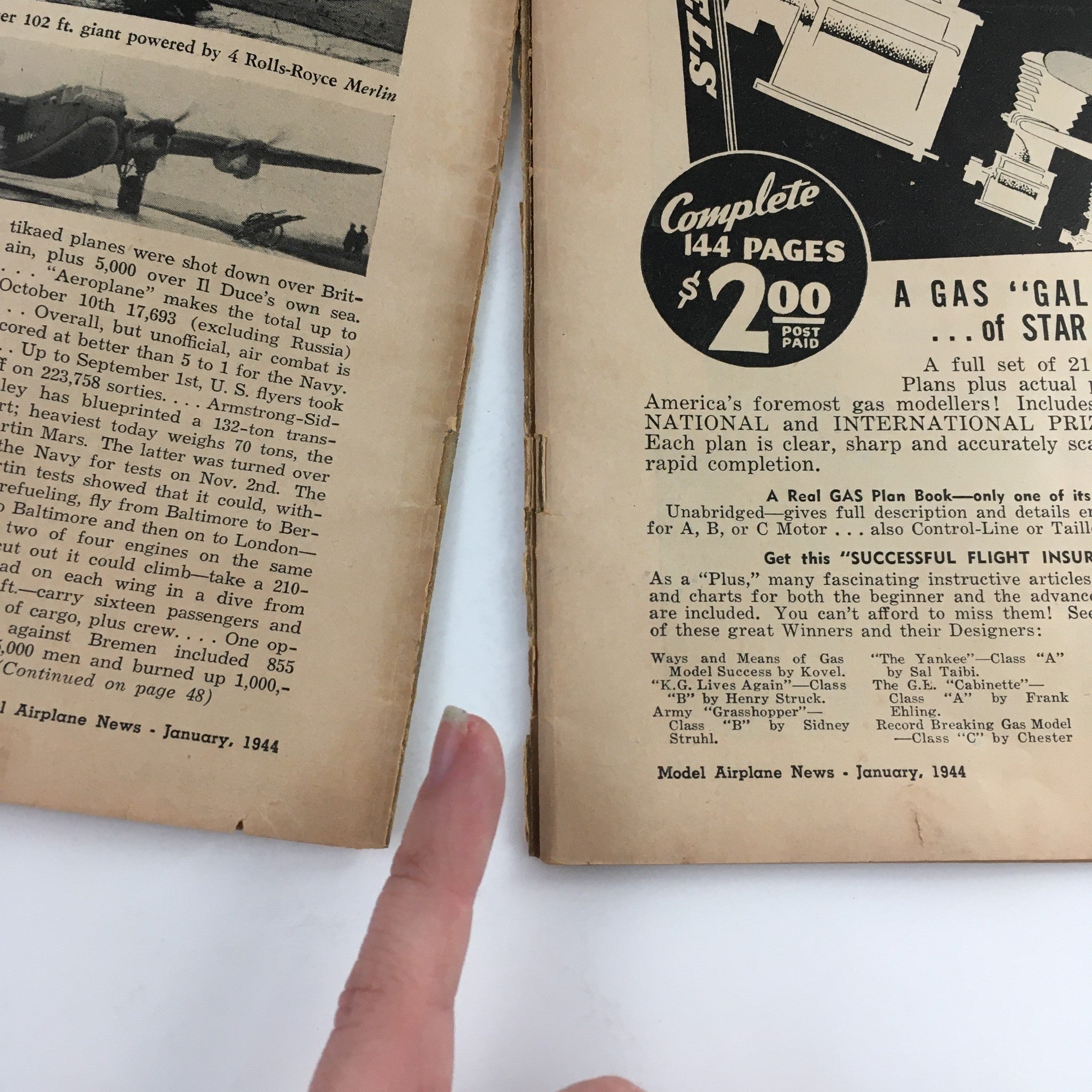 Another interior page of Model Airplane News Magazine January 1944 displaying advertisements and articles related to gas model aircraft, emphasizing model design and construction.