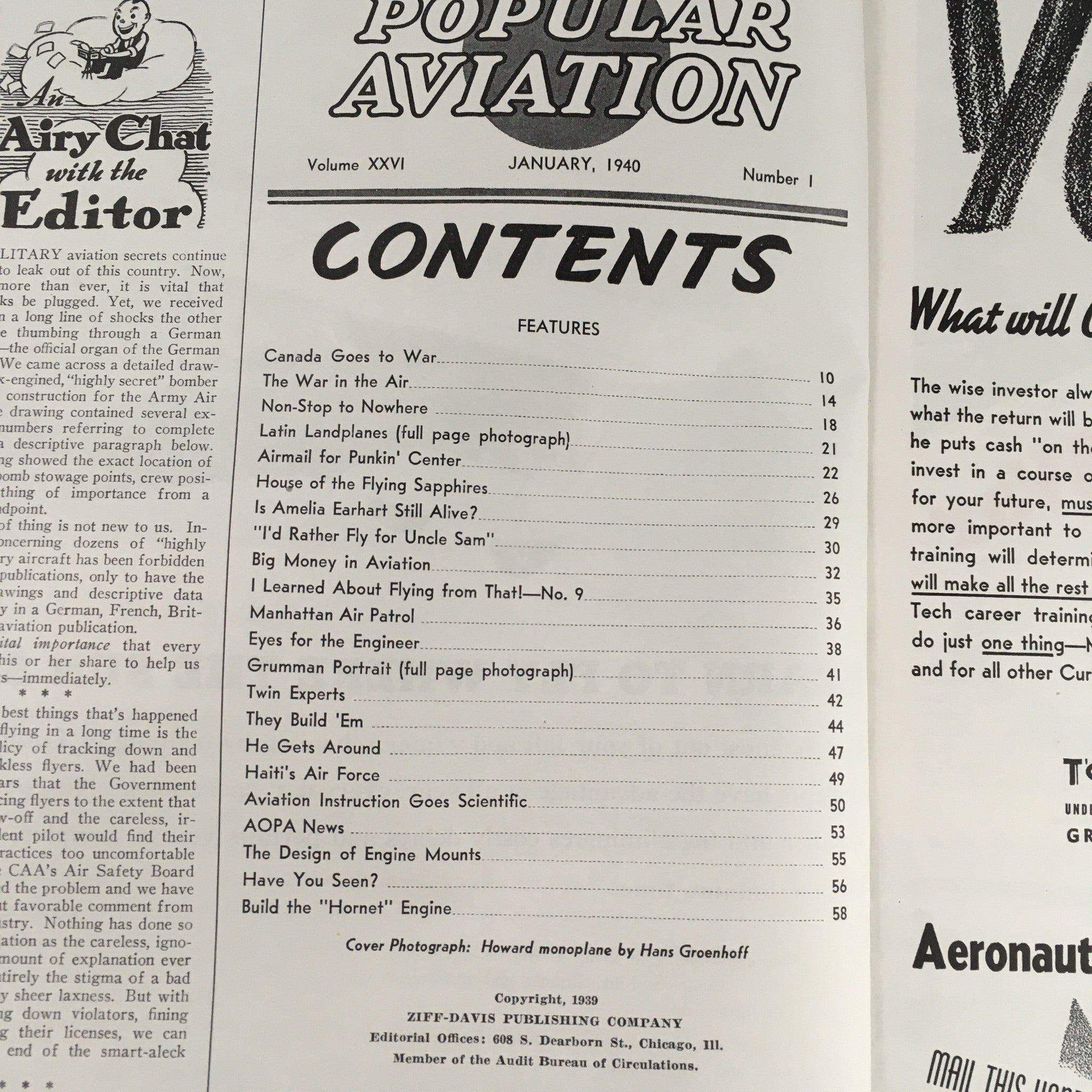 Popular Aviation Magazine January 1940 Vol 26 #1 Howard Monoplane, Nazi Warplane