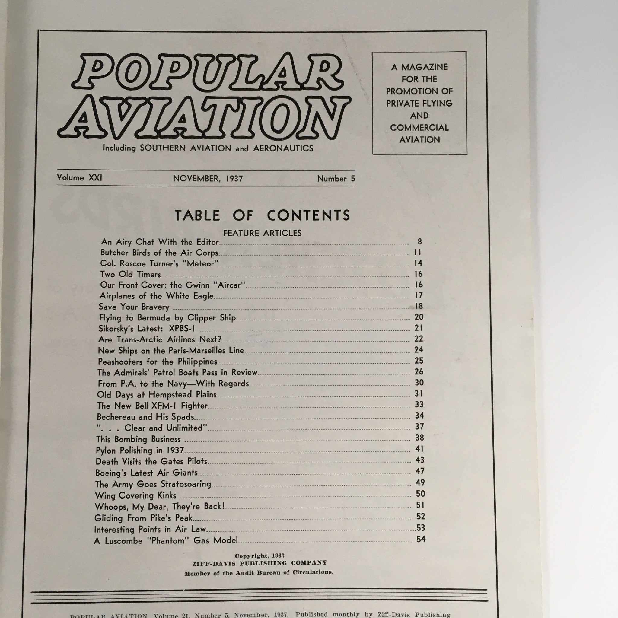 Popular Aviation Magazine November 1937 Vol 11 #5 Gwinn Aircar & Butcher Birds