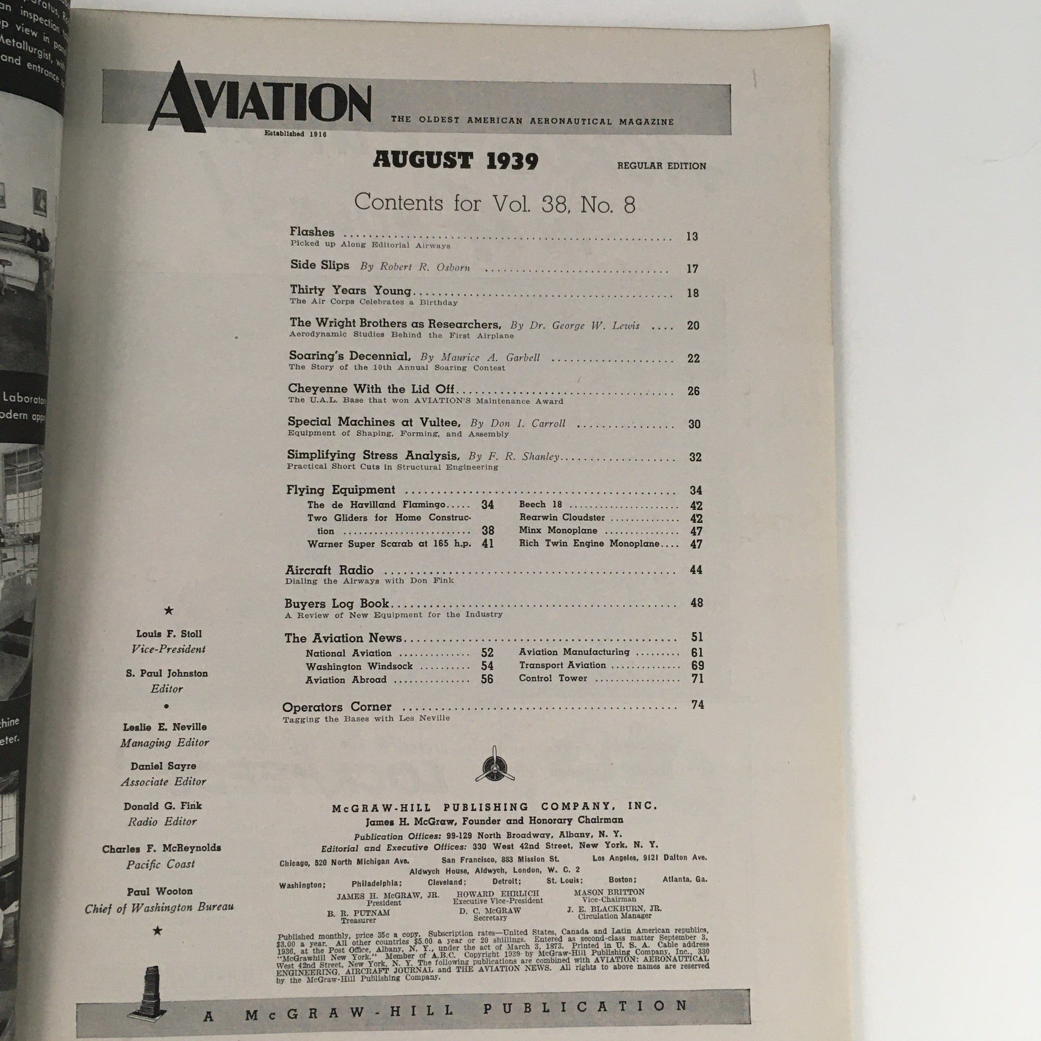 Aviation Magazine August 1939 Vol 38 #8 The Wright Brothers as Researchers