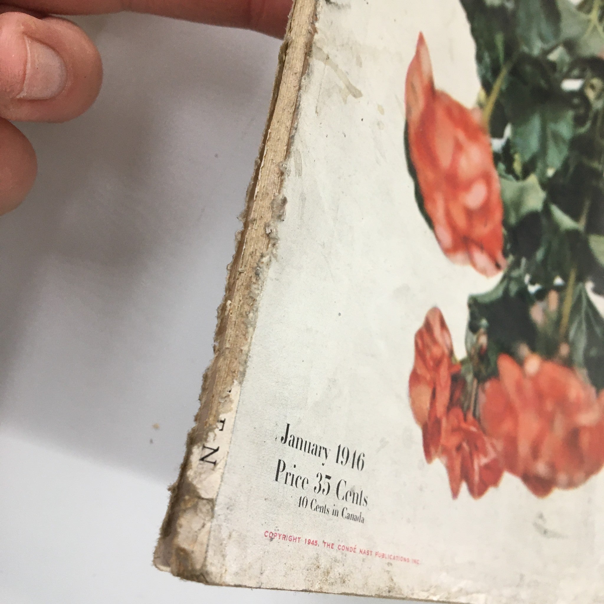 Side view of the VTG House & Garden Magazine January 1946 Catalog displaying the price and publication date, along with flower images.