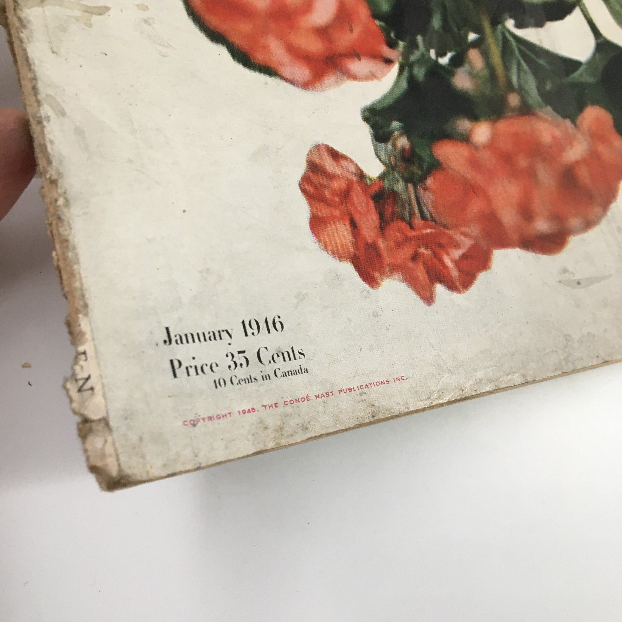 Back cover of VTG House & Garden Magazine January 1946 Catalog, highlighting the publication's date, price, and floral design, a glimpse into vintage magazine history.