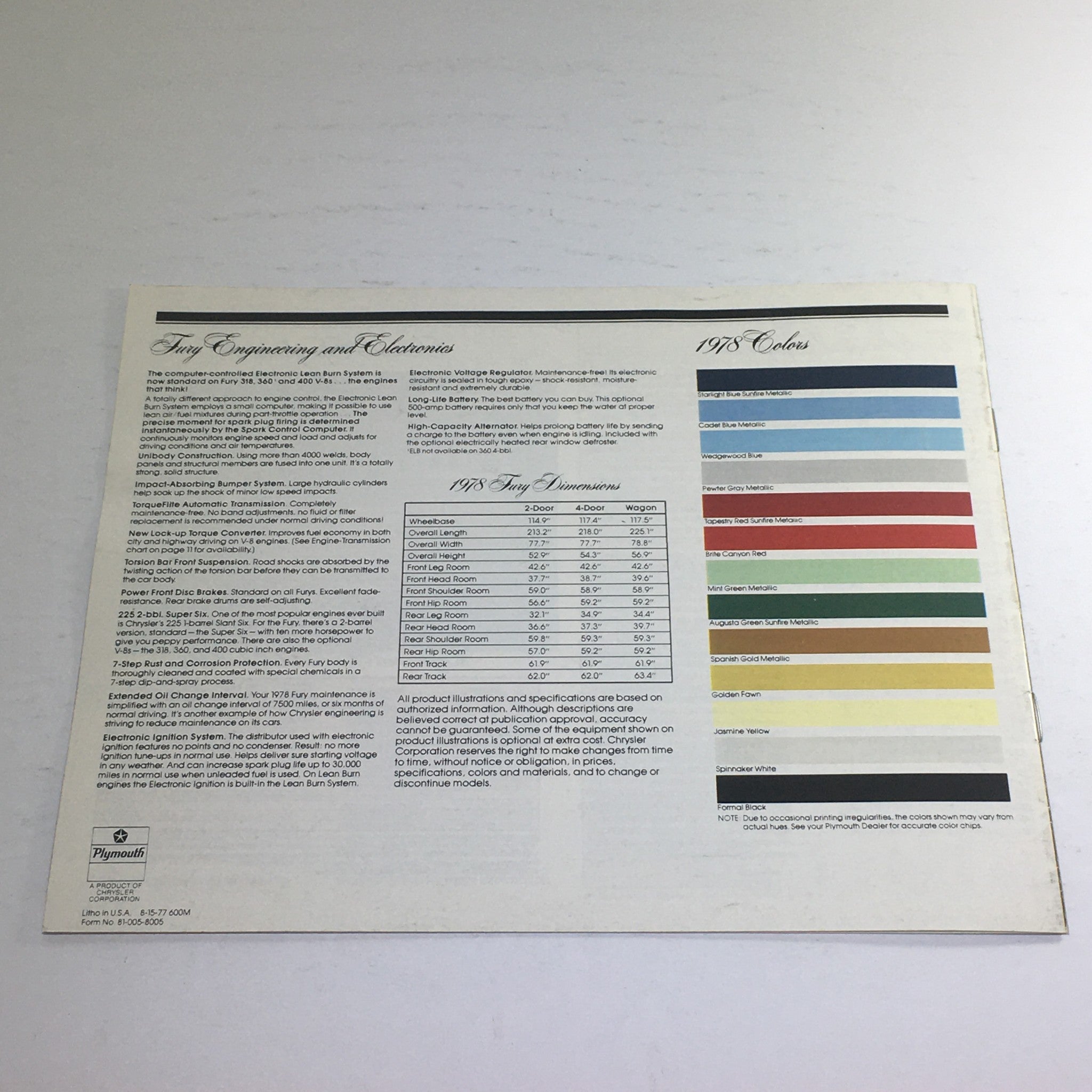 1978 Plymouth Fury Paint Chooser Dealership Car Auto Brochure Catalog