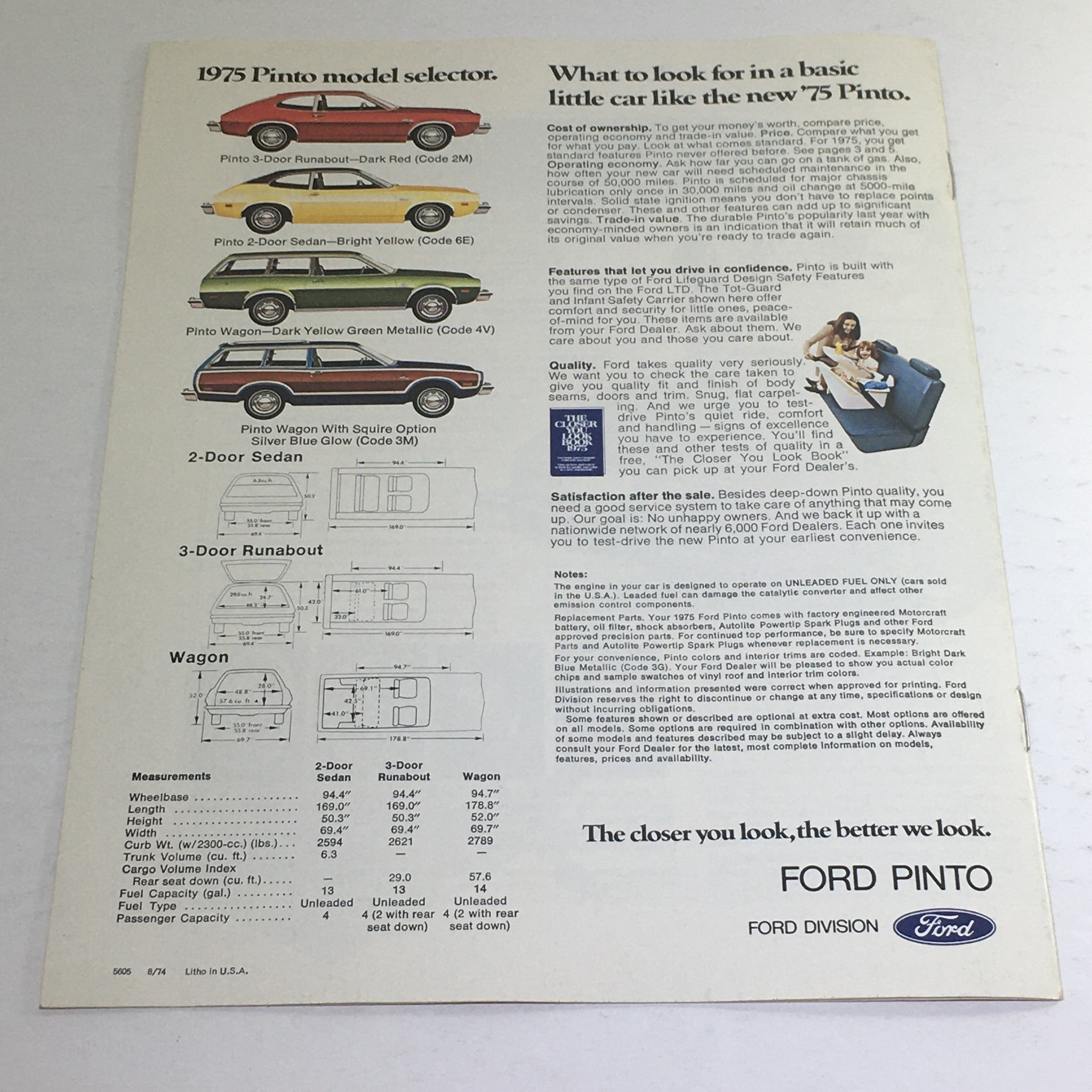 1975 Ford Pinto Sedan/Wagon/Runabout Dealership Car Auto Brochure Catalog