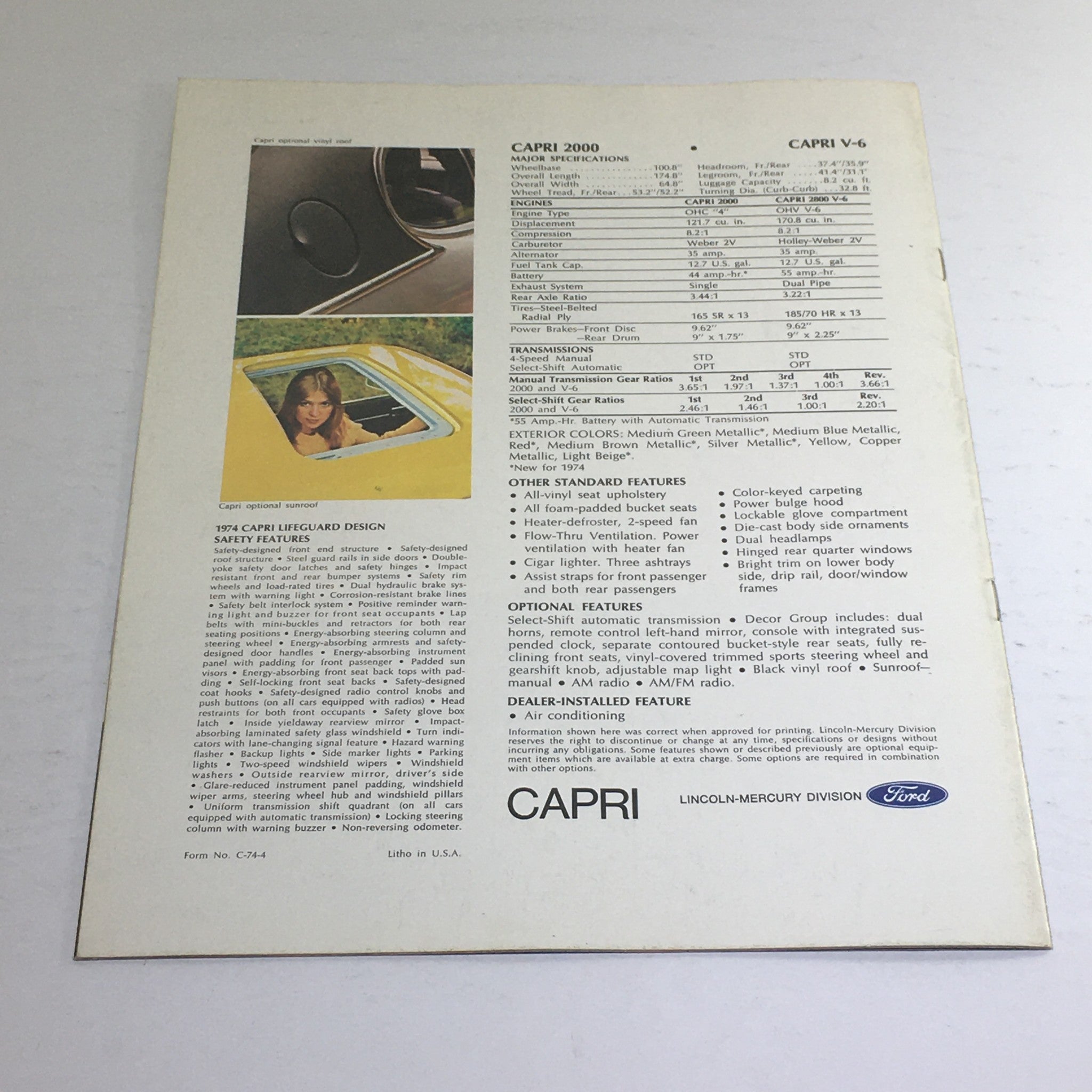 1972 Lincoln-Mercury Capri 2000 & Capri V-6 Dealership Car Auto Brochure Catalog