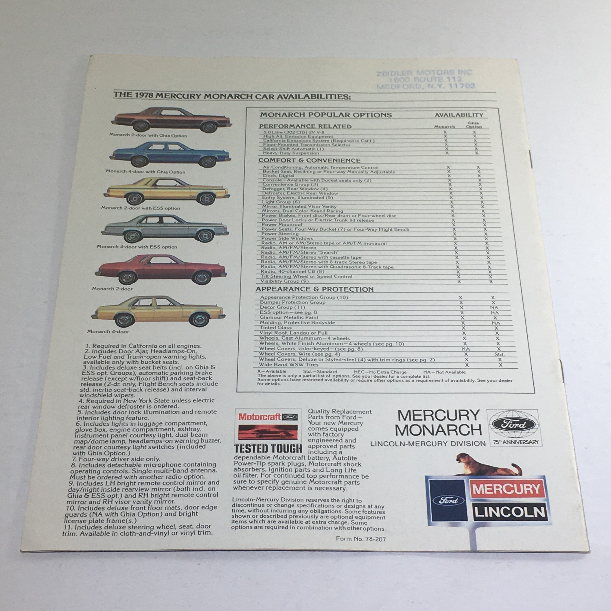 1978 Mercury Monarch Availabilities Dealership Car Auto Brochure Catalog