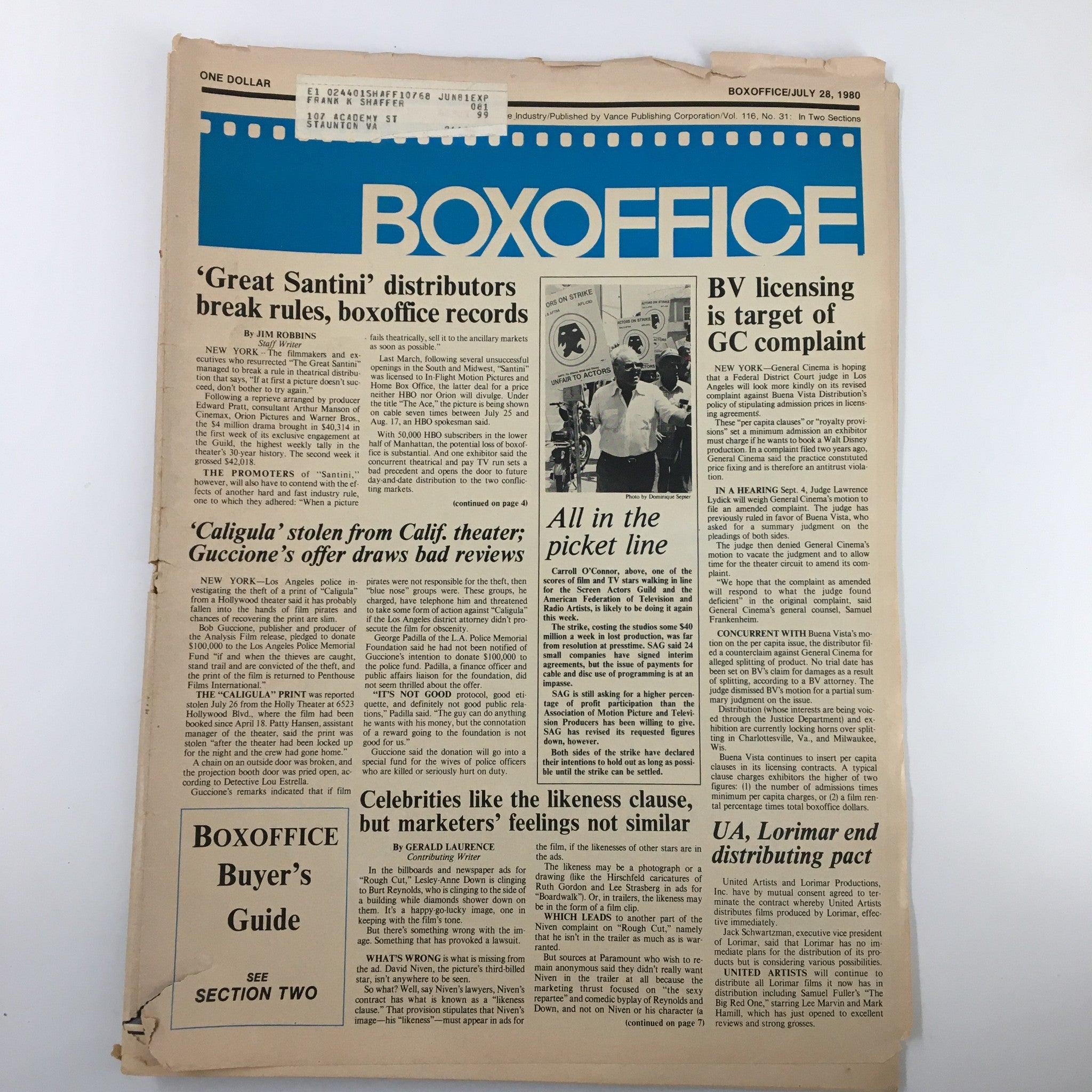 Box Office Magazine July 28 1980 Carroll O'Connor All In The Picket Line