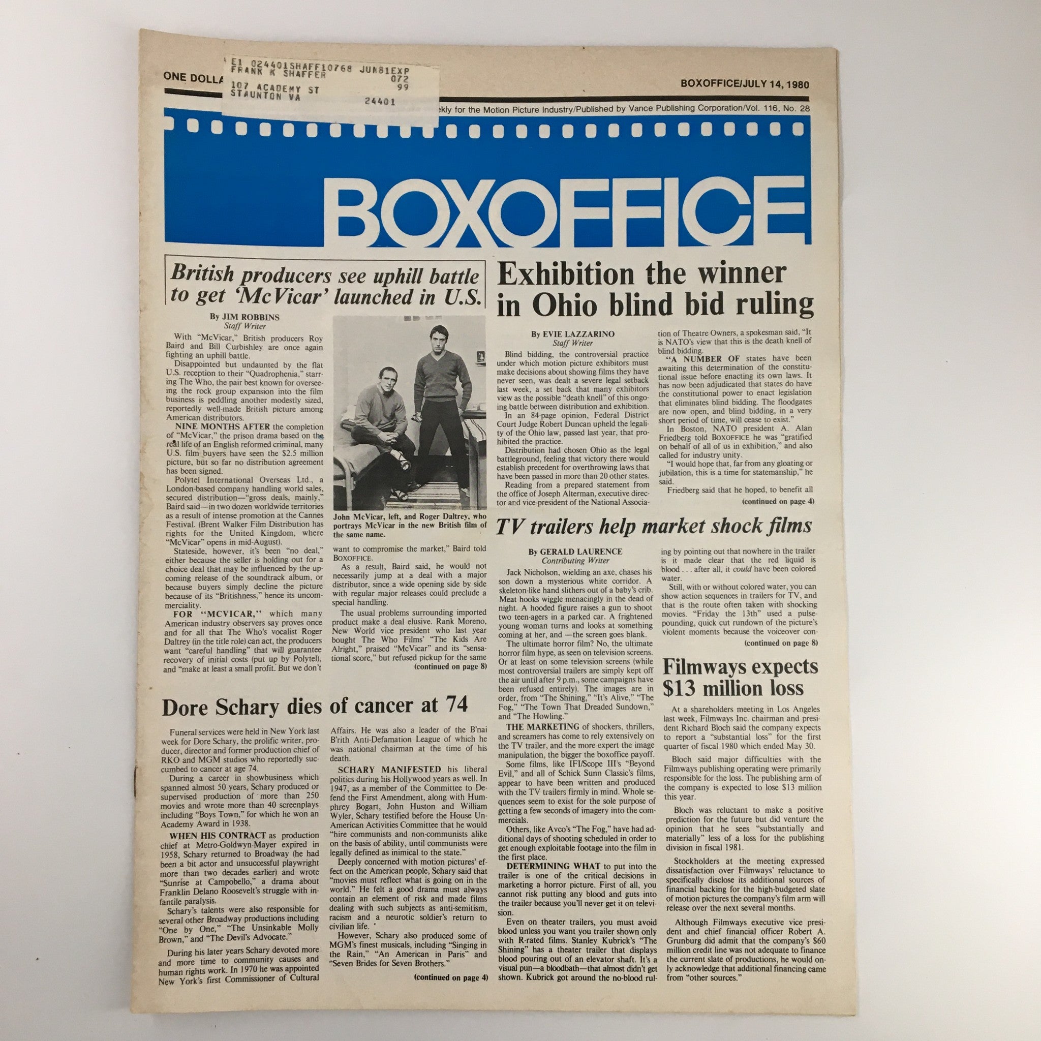 Box Office Magazine July 14 1980 John McVicar and Roger Daltrey In British Film