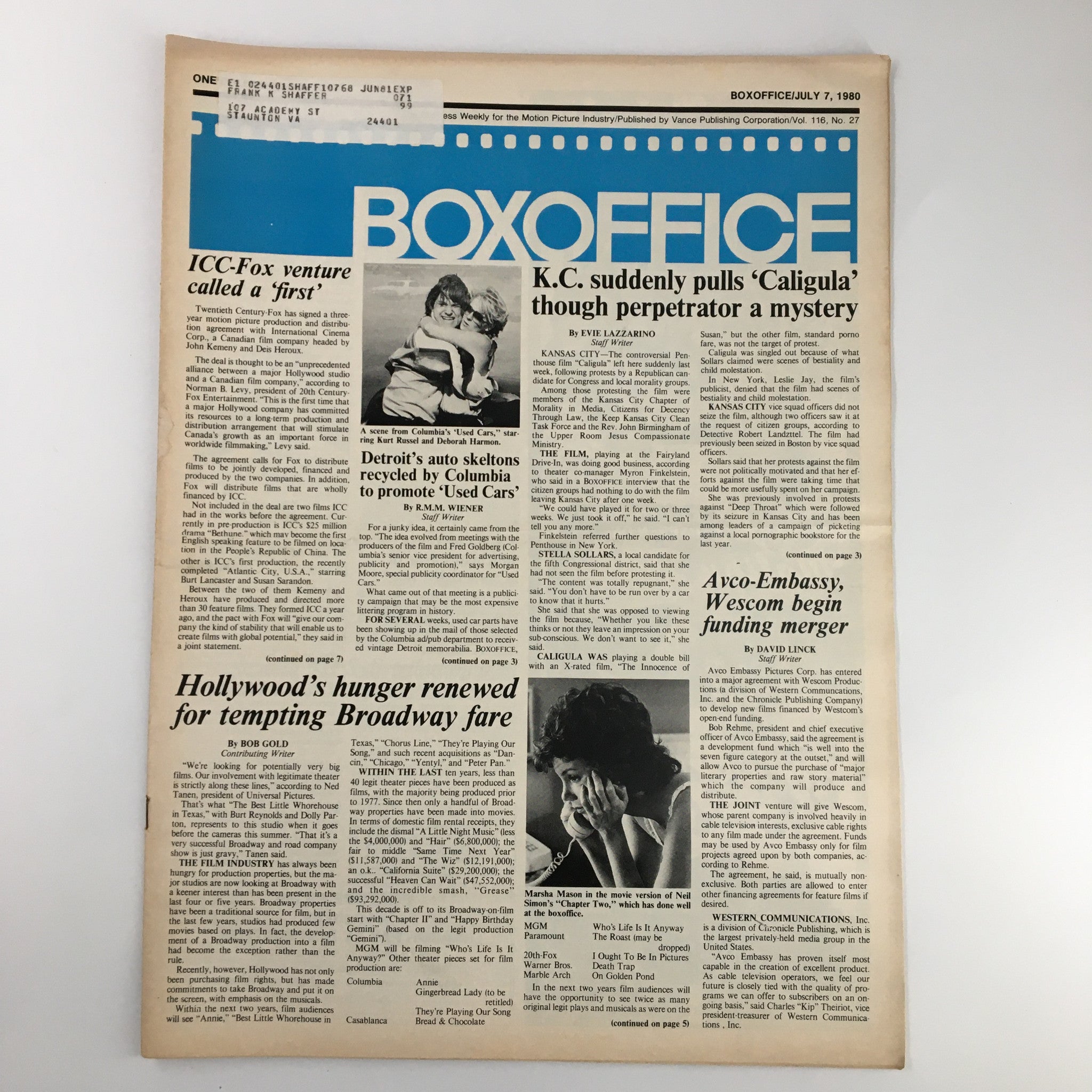 Box Office Magazine July 7 1980 Kurt Russel and Deborah Harmon in 'Used Cars'