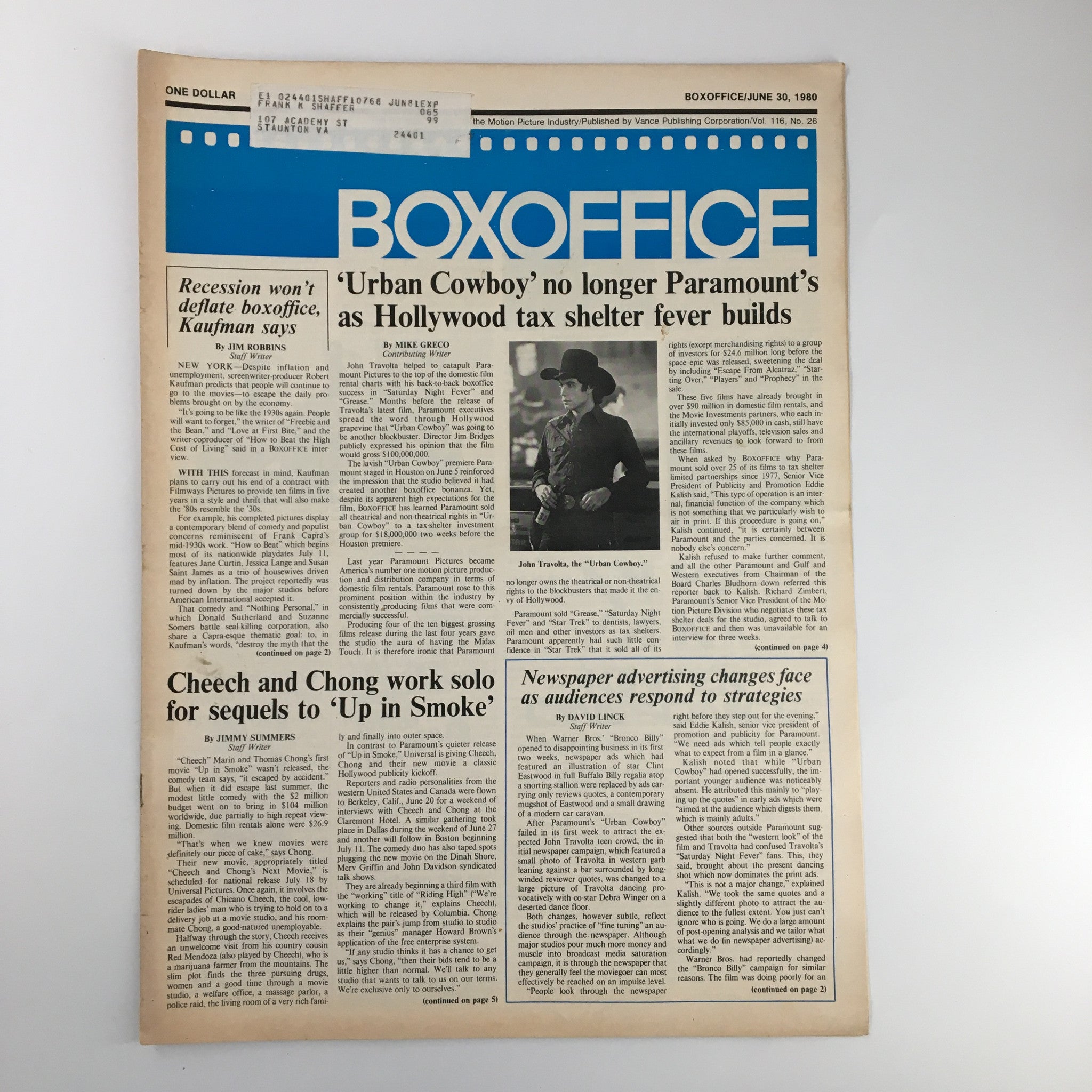 Box Office Magazine June 30 1980 John Travolta in the 'Urban Cowboy'