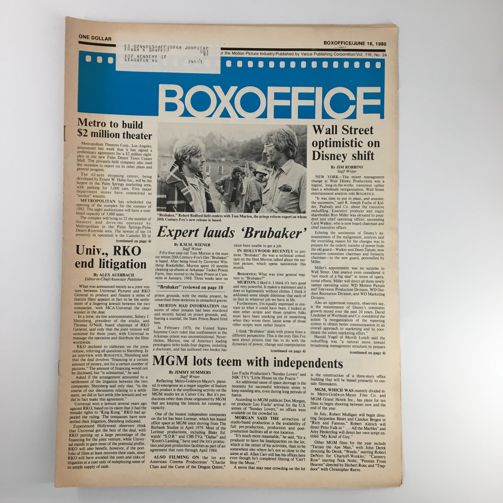 Box Office Magazine June 14 1980 Robert Redford and Tom Murton in 'Brubaker'