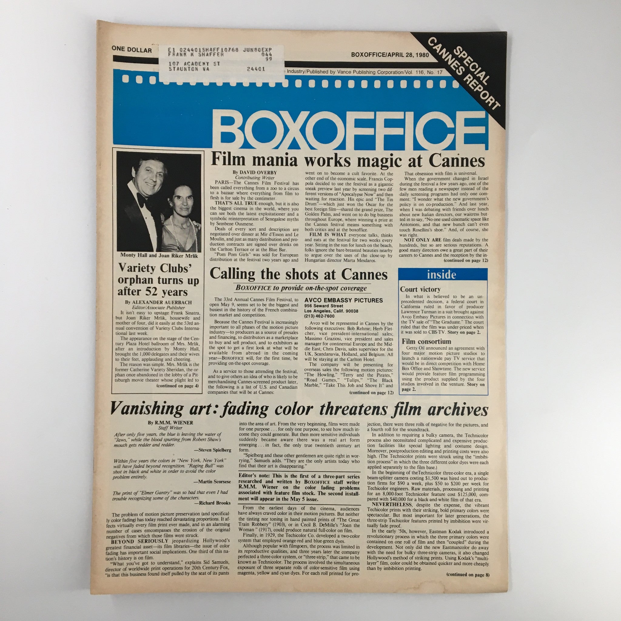 Box Office Magazine April 28 1980 Monty Hall and Joan Riker Mrlik Variety Clubs