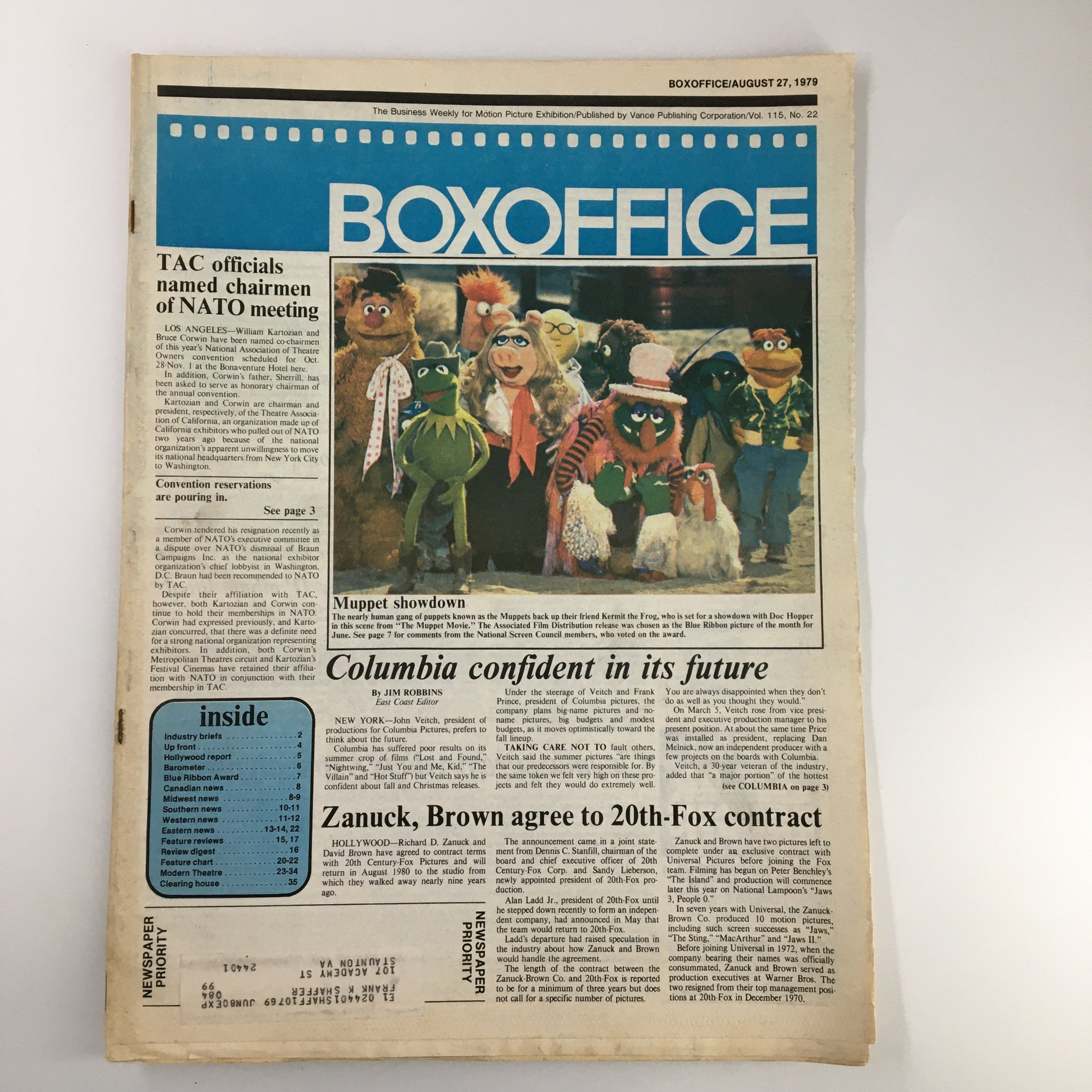 Cover of Box Office Magazine dated August 27, 1979, featuring The Muppet Movie showdown with Kermit The Frog and other beloved Muppet characters, showcasing vintage entertainment culture.