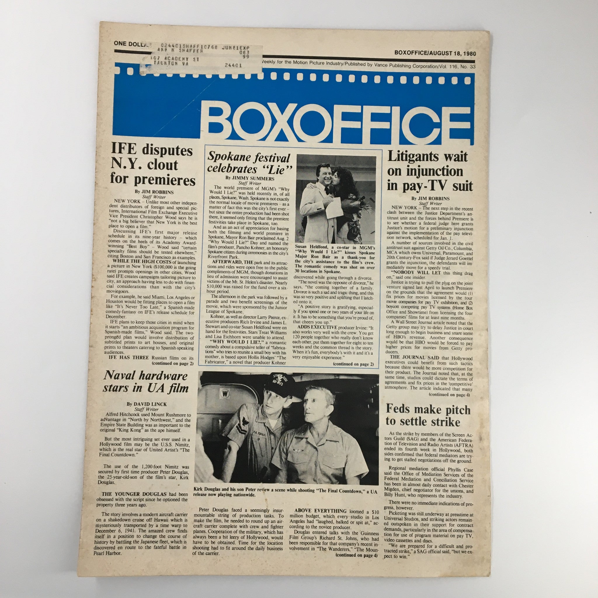 Box Office Magazine August 18 1980 Susan Heldfond Kisses Spokane Major Ron Bair