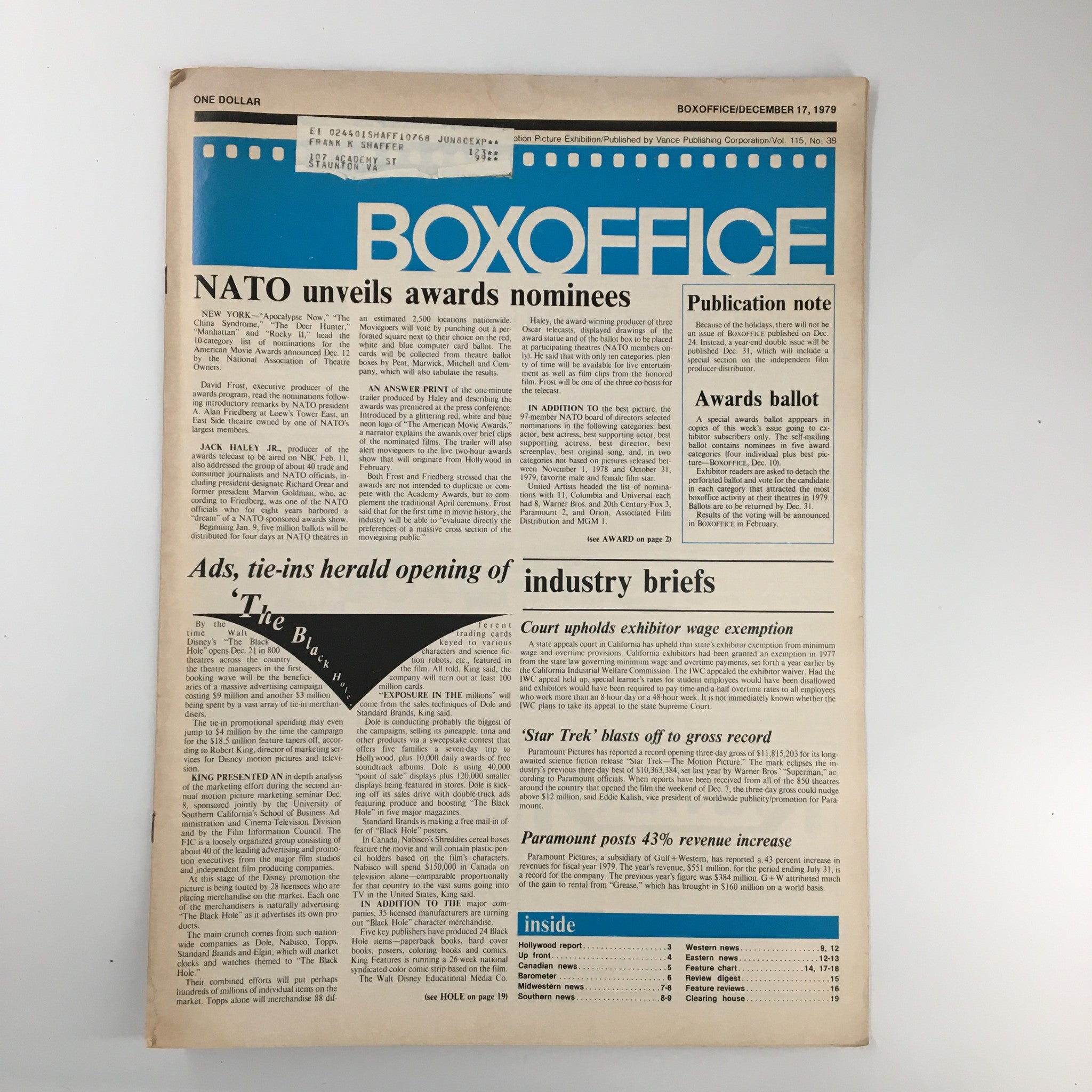 Box Office Magazine December 17 1979 NATO Unveils Awards Nominees