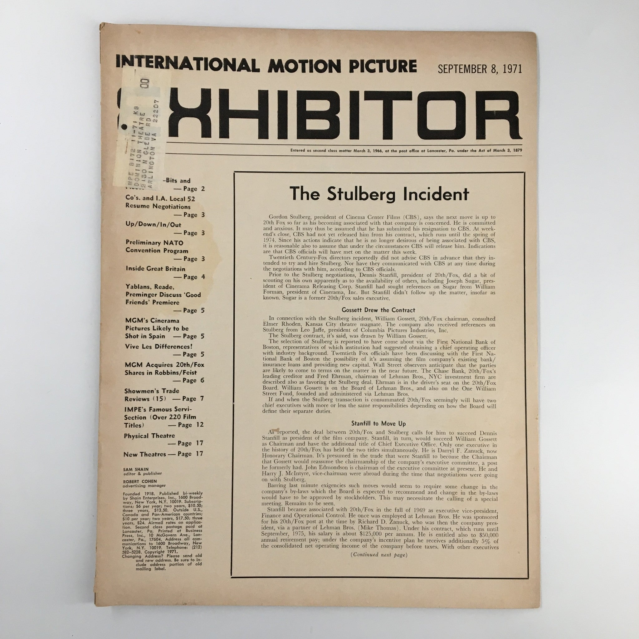 Int. Motion Picture Exhibitor Magazine September 8 1971 The Stulberg Incident