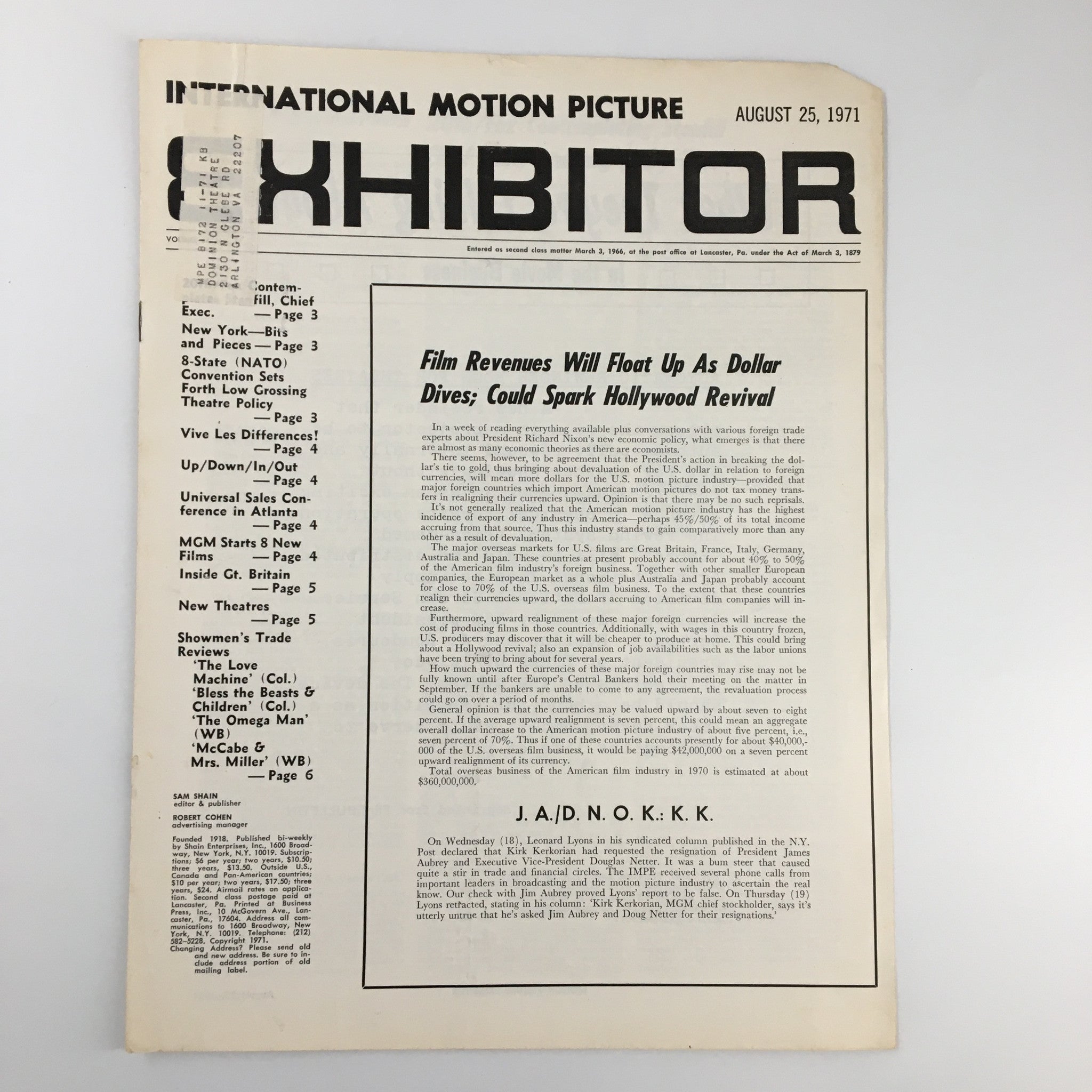 Int. Motion Picture Exhibitor Magazine August 25 1971 Film Revenues Will Float