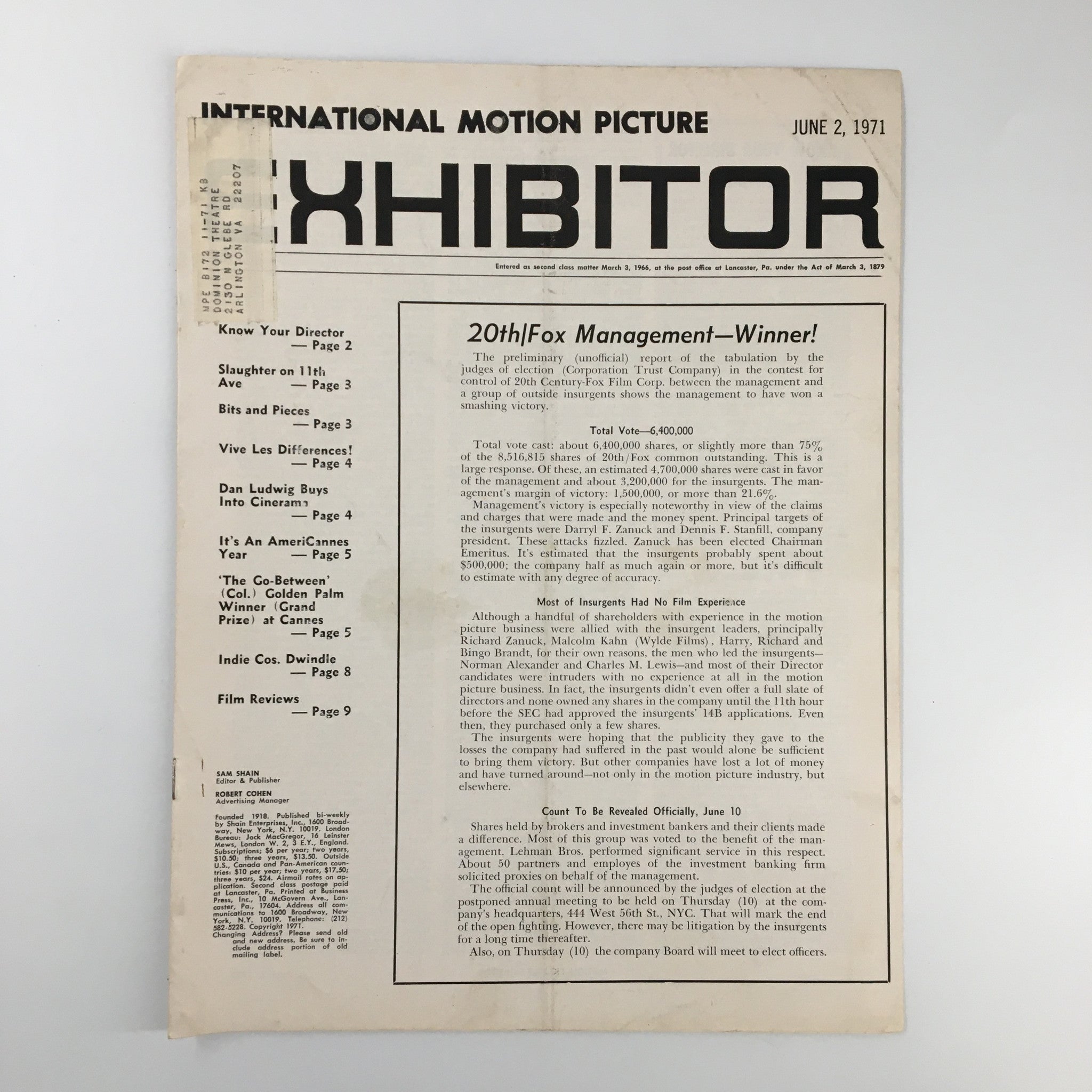 Int. Motion Picture Exhibitor Magazine June 2 1971 20th/Fox Management Winner