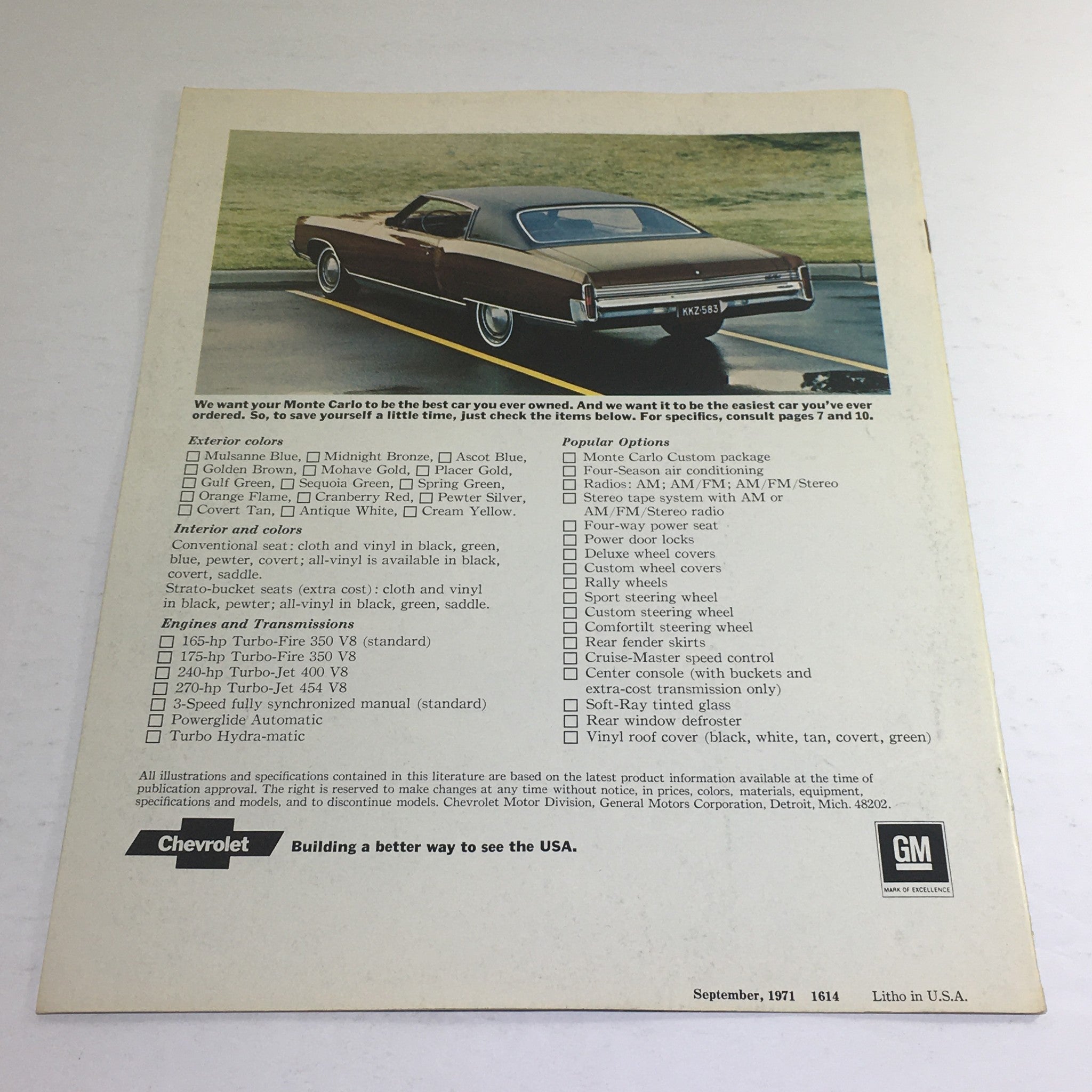 1972 Chevrolet Monte Carlo Dealership Sale Car Auto Brochure Catalog