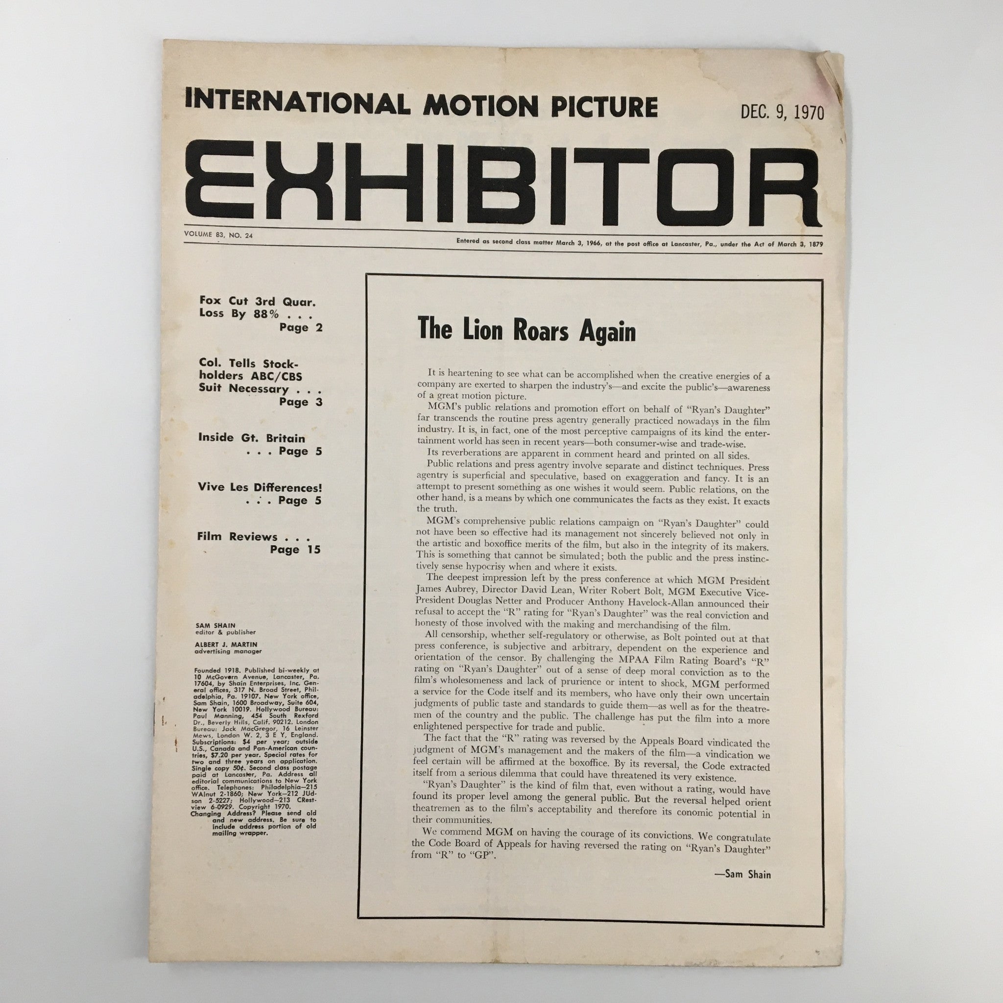 Int. Motion Picture Exhibitor Magazine December 9 1970 The Lion Roars Again