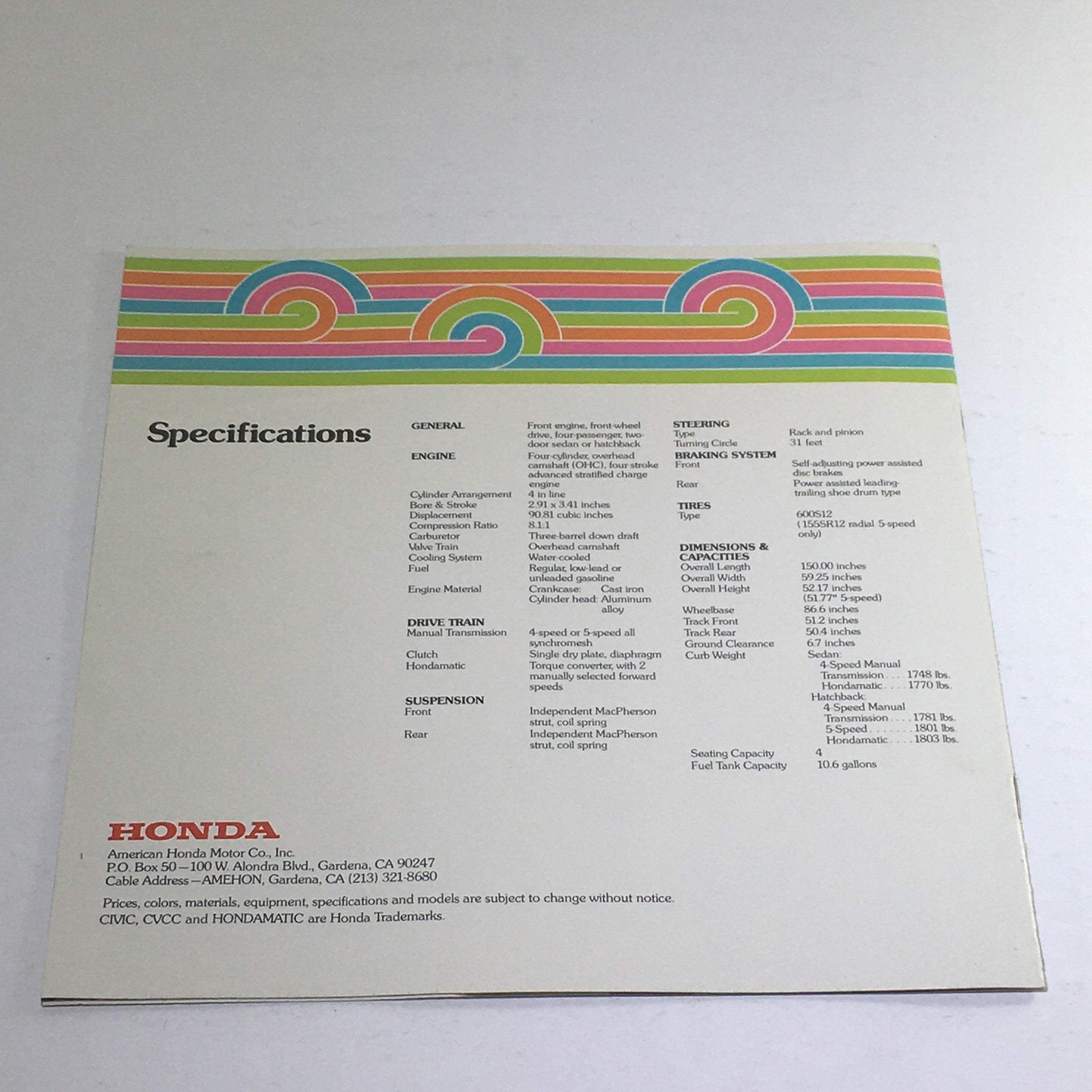 1975 Honda CVCC Specifications Dealership Car Auto Brochure Catalog