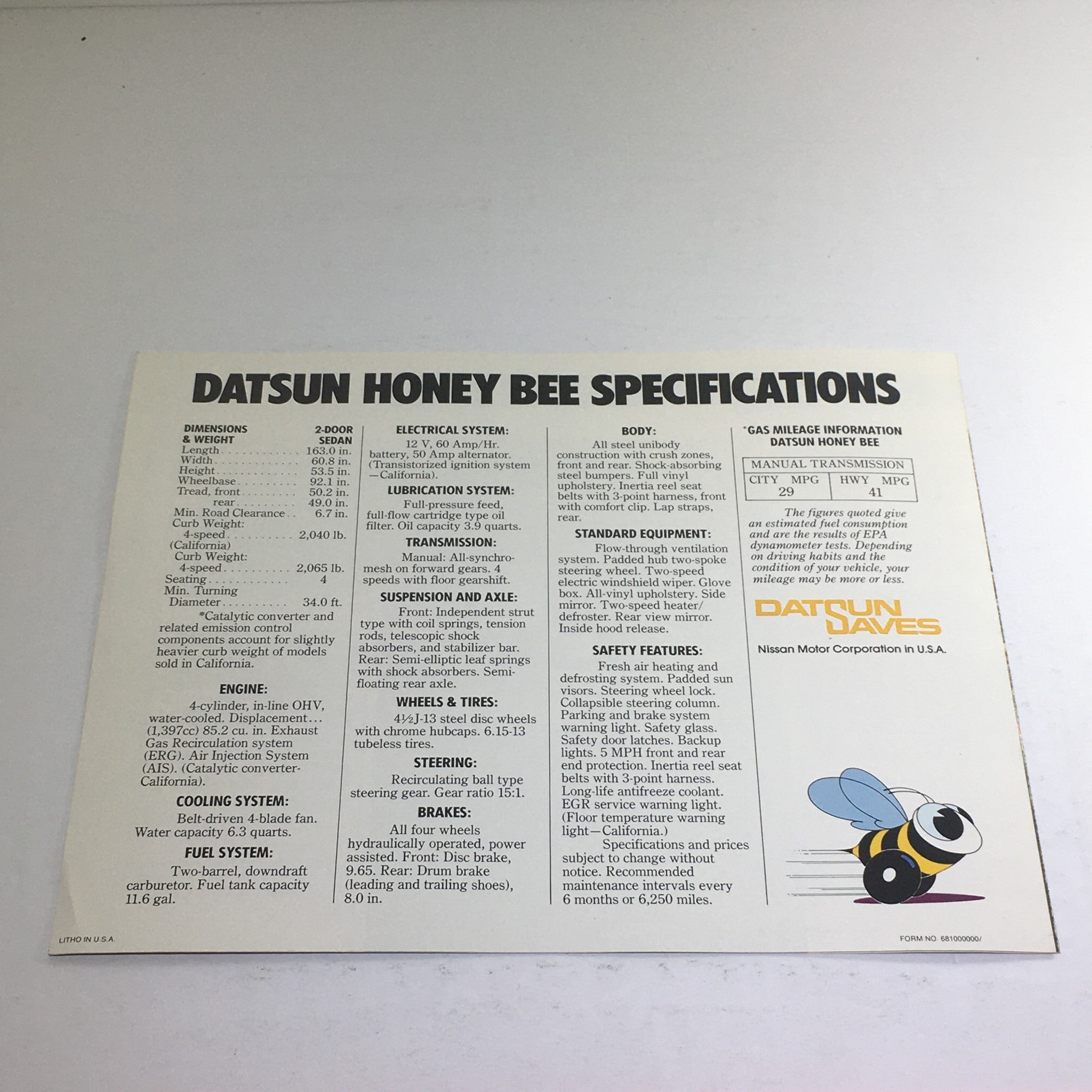 1976 Datsun Honey Bee b210 Specification Dealership Car Auto Brochure Catalog