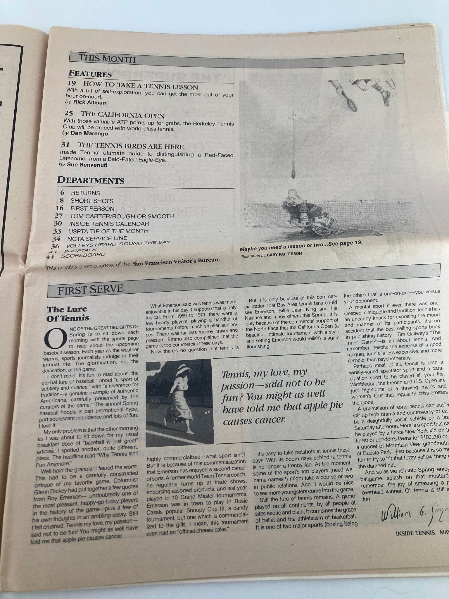 Interior page of the VTG Inside Tennis Magazine May 1985, showcasing articles and features related to tennis, including a section titled "The Lure Of Tennis."