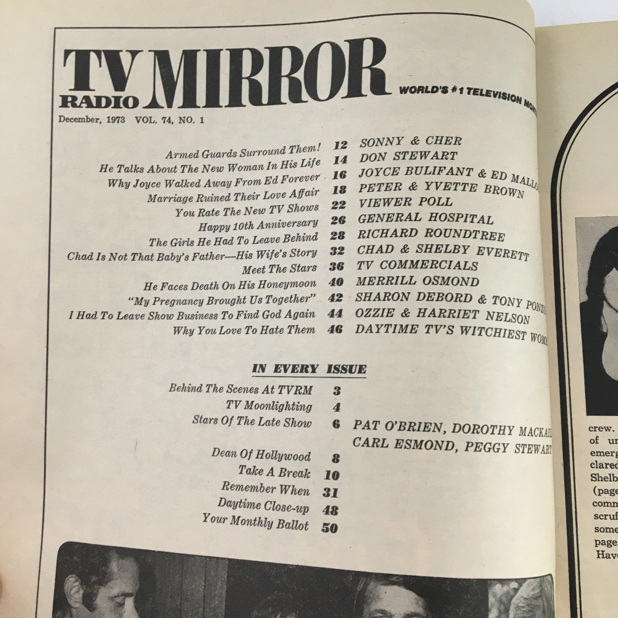 TV Radio Mirror Magazine December 1973 Vol 74 #1 Sonny & Cher & Tony Ponzini