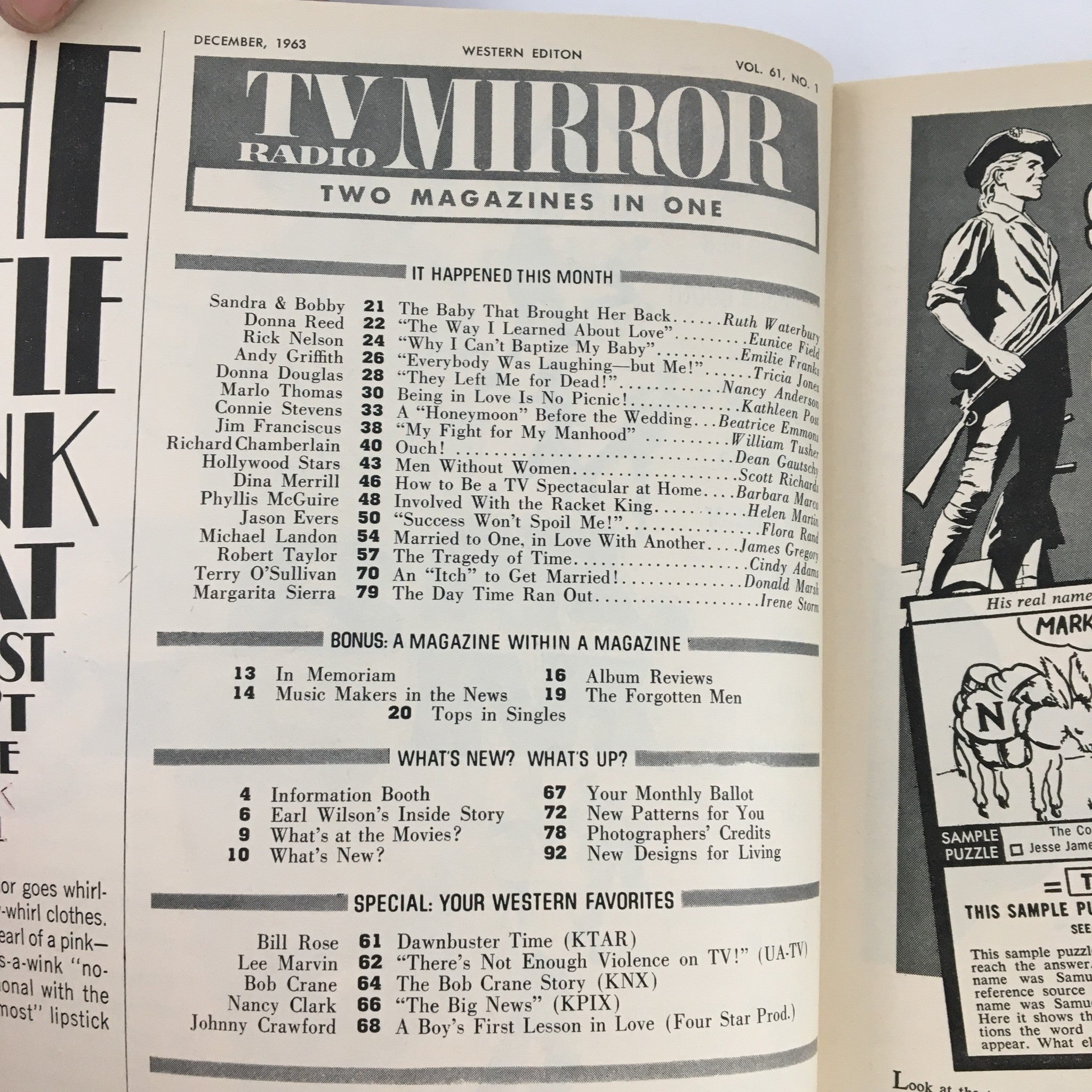 TV Radio Mirror Magazine December 1963 Vol 61 #1 featuring commentary on popular television culture with articles about Donna Reed, Rick Nelson, and Jim Franciscus alongside bonus content.