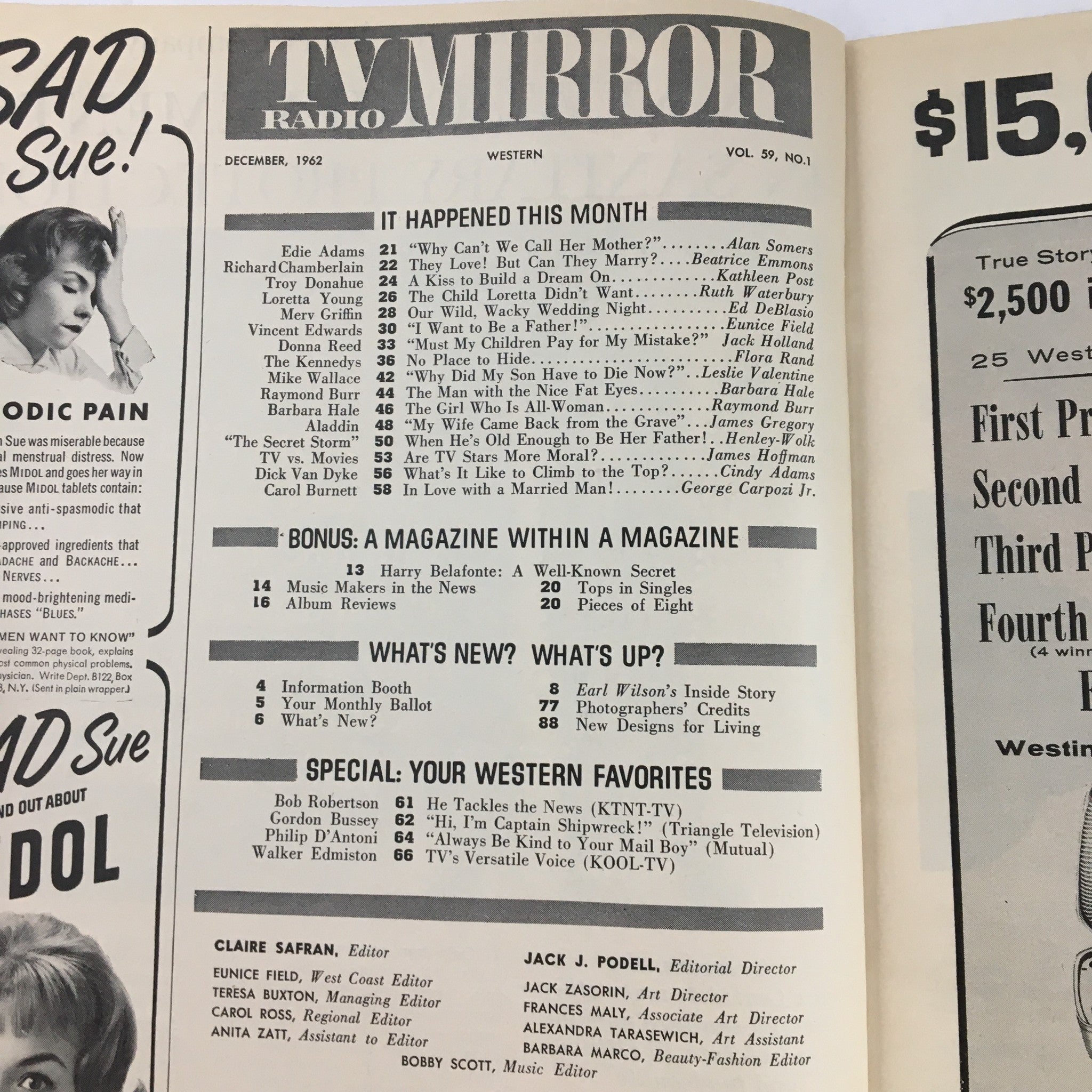 TV Radio Mirror Magazine December 1962 Vol 59 #1 Clara Ray & Dick Chamberlain