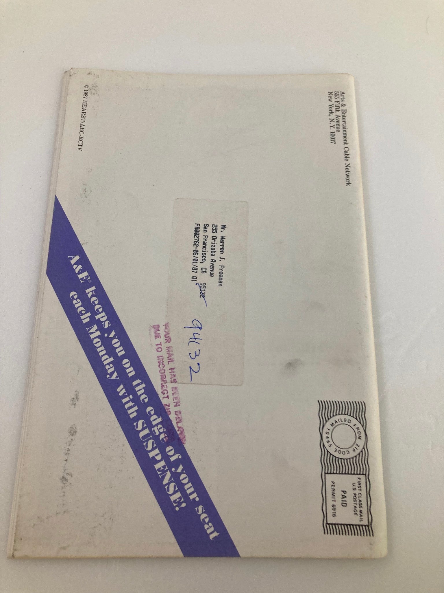 Back cover of the VTG Inside Tennis Magazine May 1985, featuring a mailing address and promotional content for A&E network programs.
