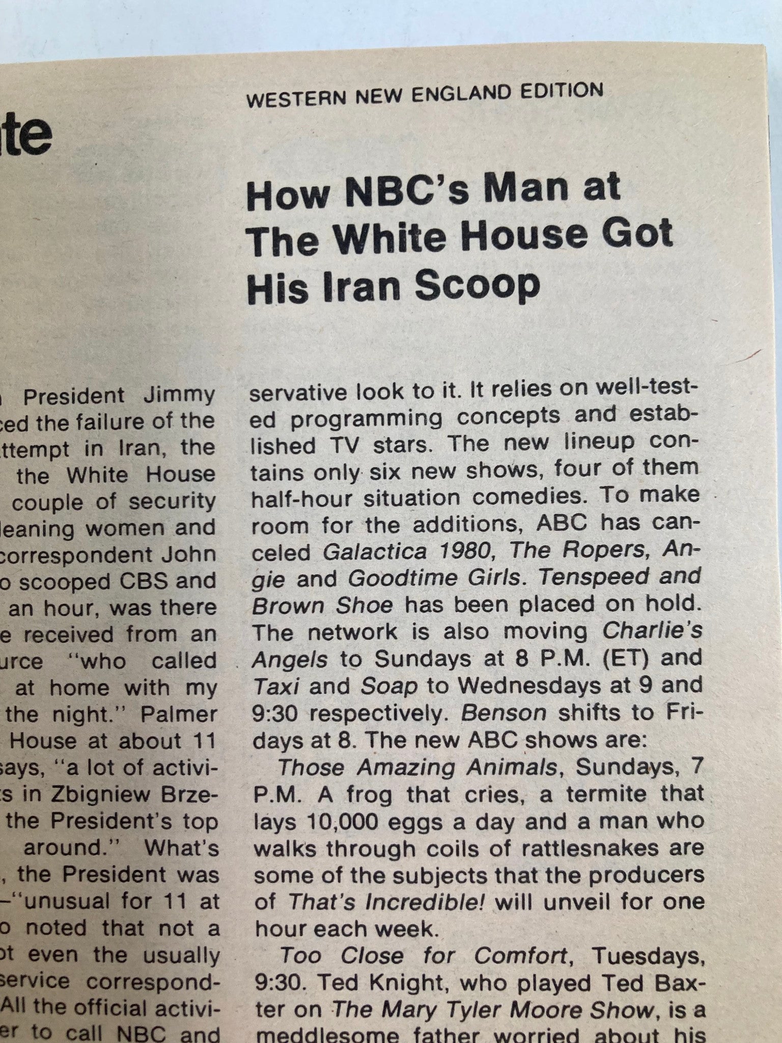 Page from TV Guide Magazine May 10 1980 featuring an article titled 'How NBC’s Man at The White House Got His Iran Scoop' discussing television programming and notable shows.