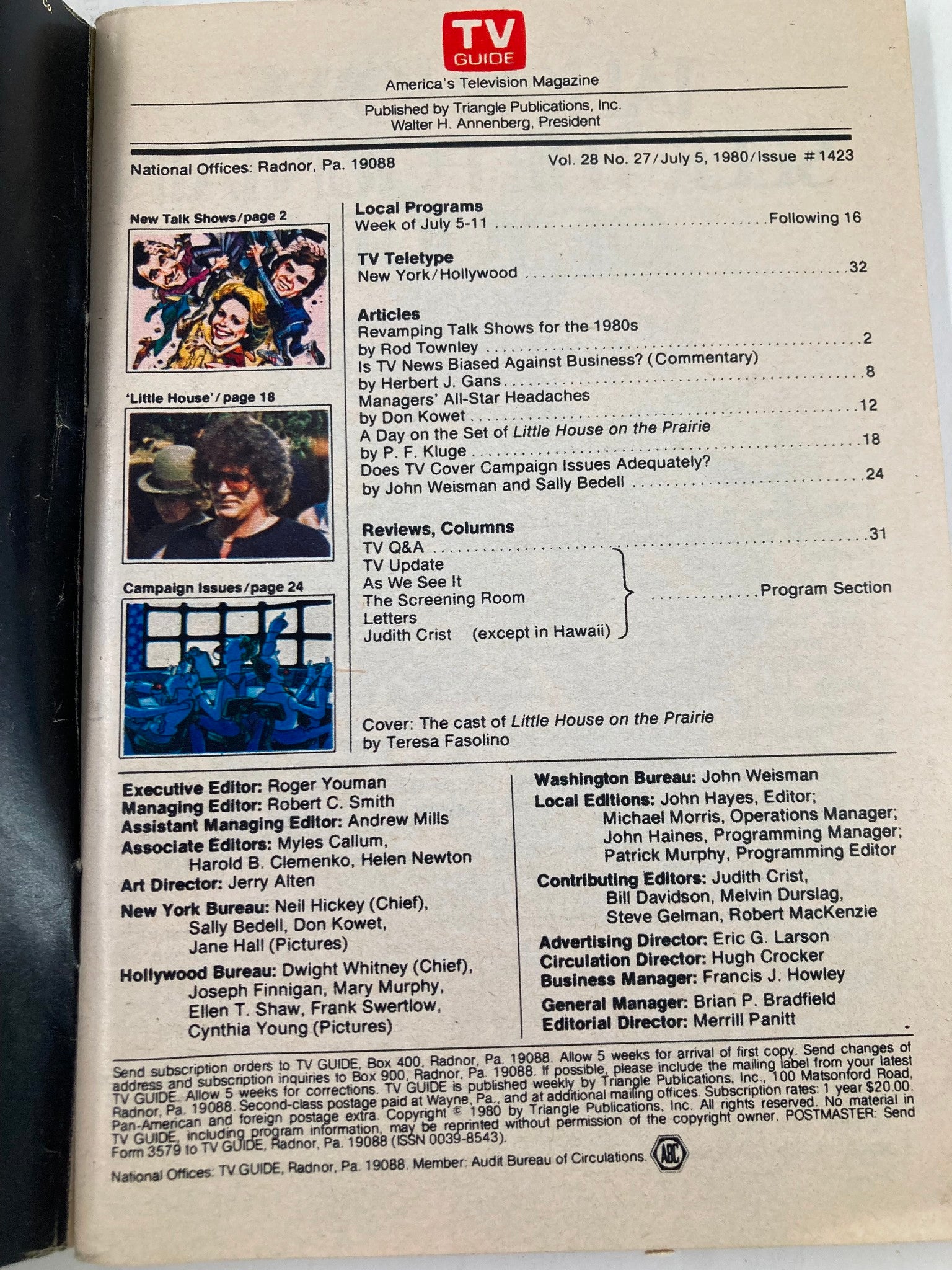 Inside page from TV Guide Magazine July 5, 1980, detailing articles and local programs, including a feature on 'Little House on the Prairie'.