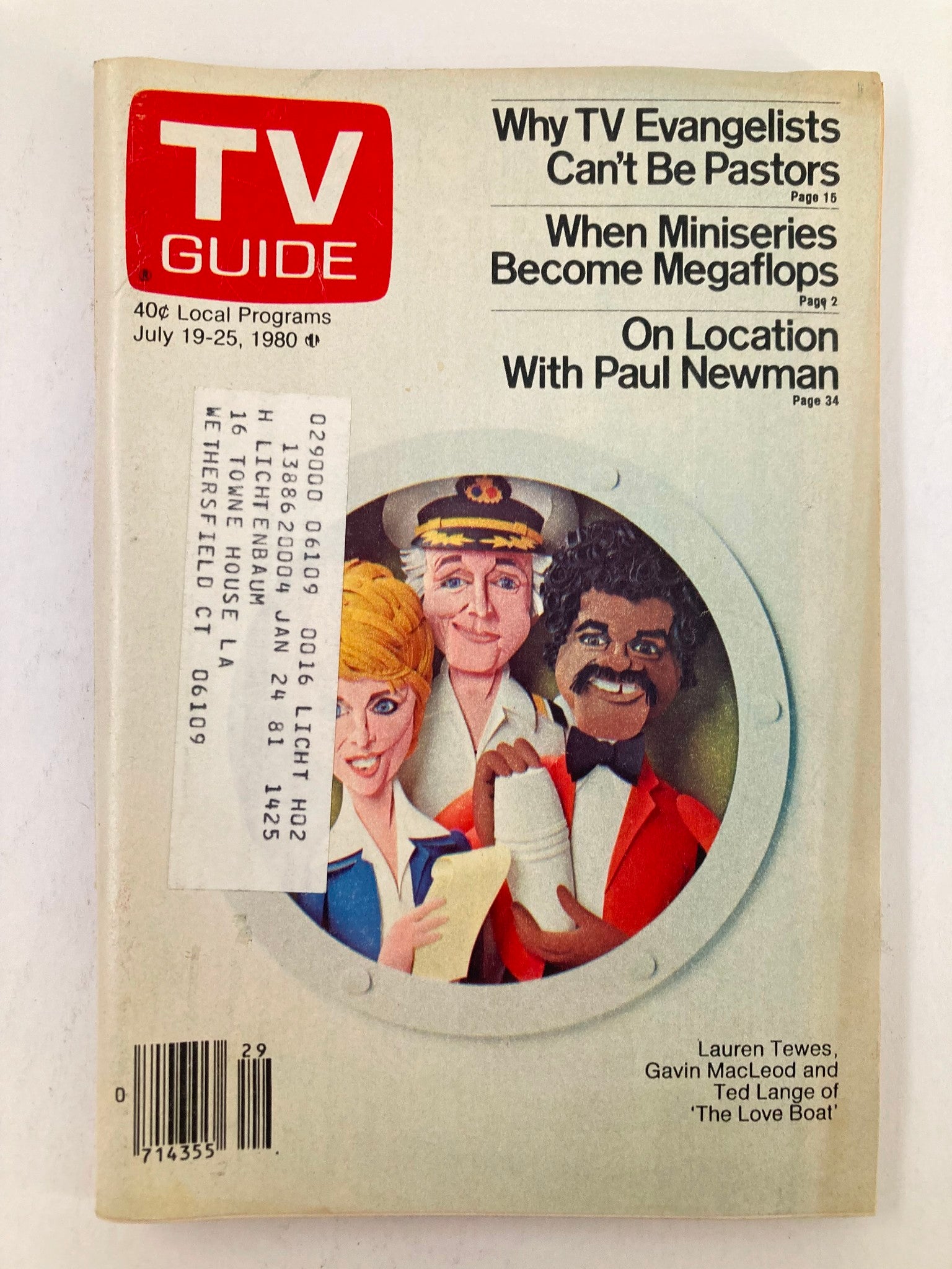 Cover of TV Guide Magazine July 19 1980 #1425 featuring Lauren Tewes, Gavin MacLeod, and Ted Lange from 'The Love Boat', showcasing a vintage design and program highlights.
