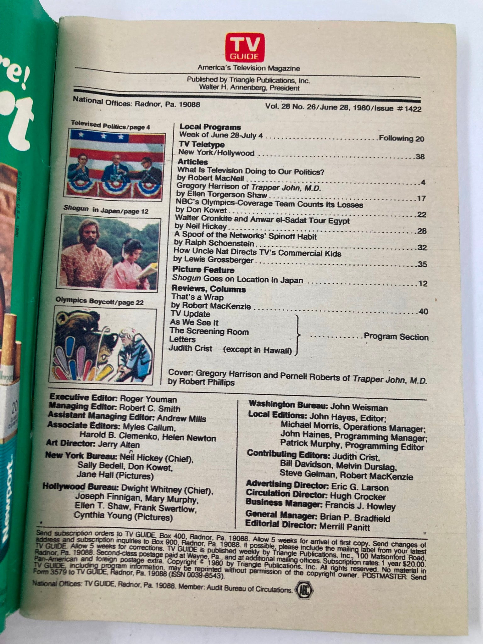 Inside page of TV Guide Magazine dated June 28 1980. It includes program listings and featured articles discussing television politics, including mentions of 'Trapper John, M.D.' featuring Gregory Harrison.