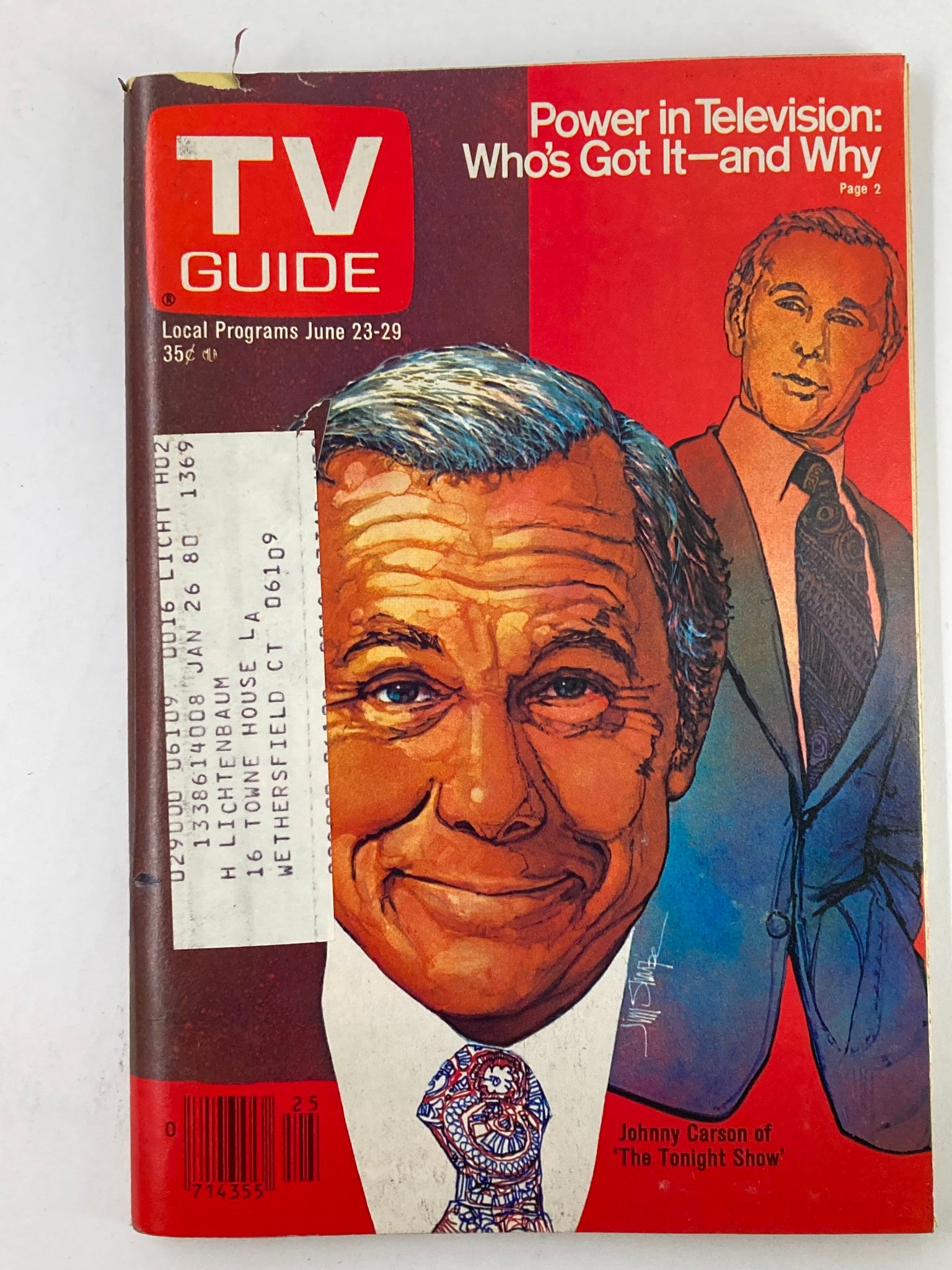 TV Guide Magazine June 23 1979 issue #1369 featuring Johnny Carson on the cover. This vintage magazine showcases an illustration of Carson along with a tagline about television power.