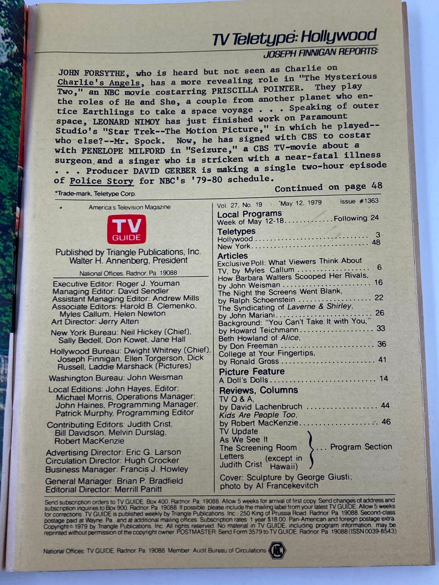 TV Guide Magazine May 12 1979 Sculpture by Giusti Western New England Edition